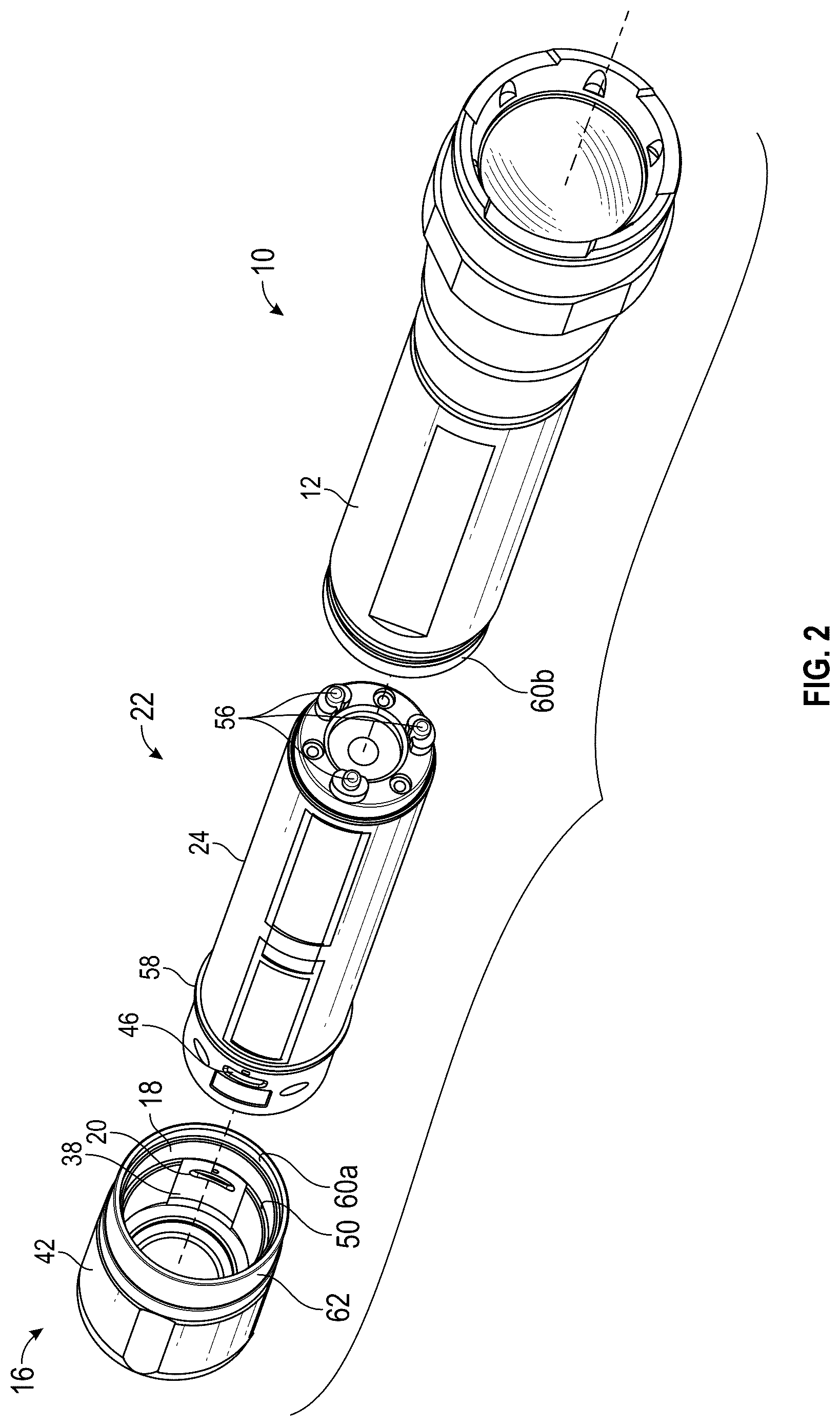 Patent US12313228 Figure 2 – Flashlight with rechargeable battery assembly