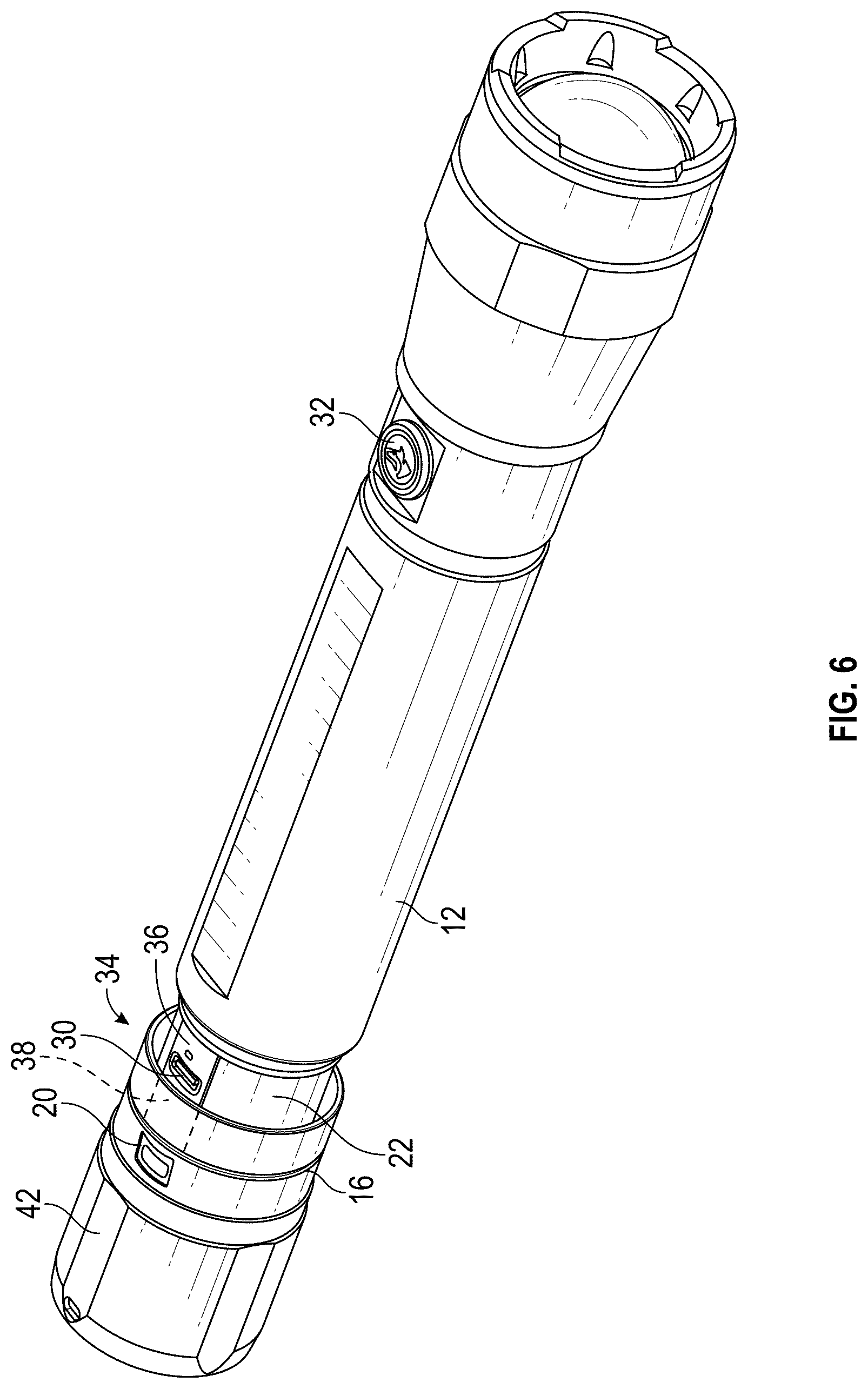Patent US12313228 Figure 6 – Flashlight with rechargeable battery assembly