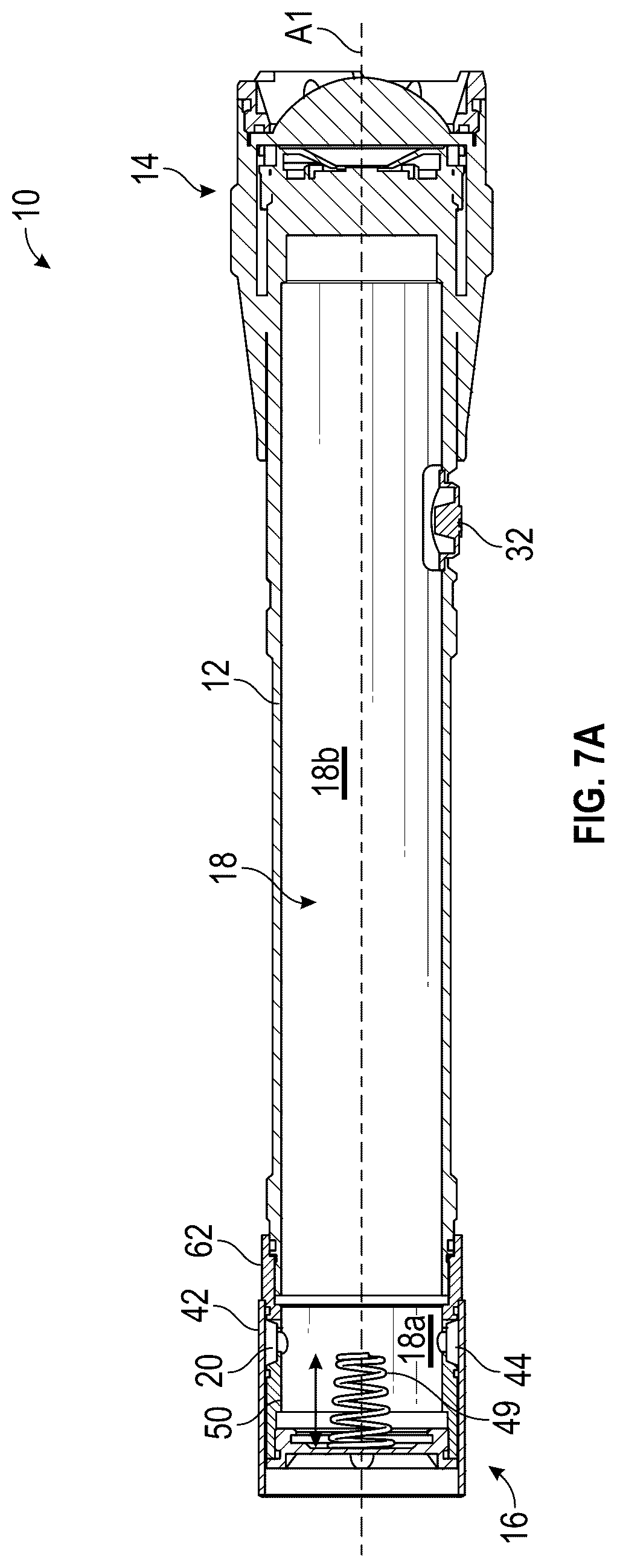Patent US12313228 Figure 7 – Flashlight with rechargeable battery assembly