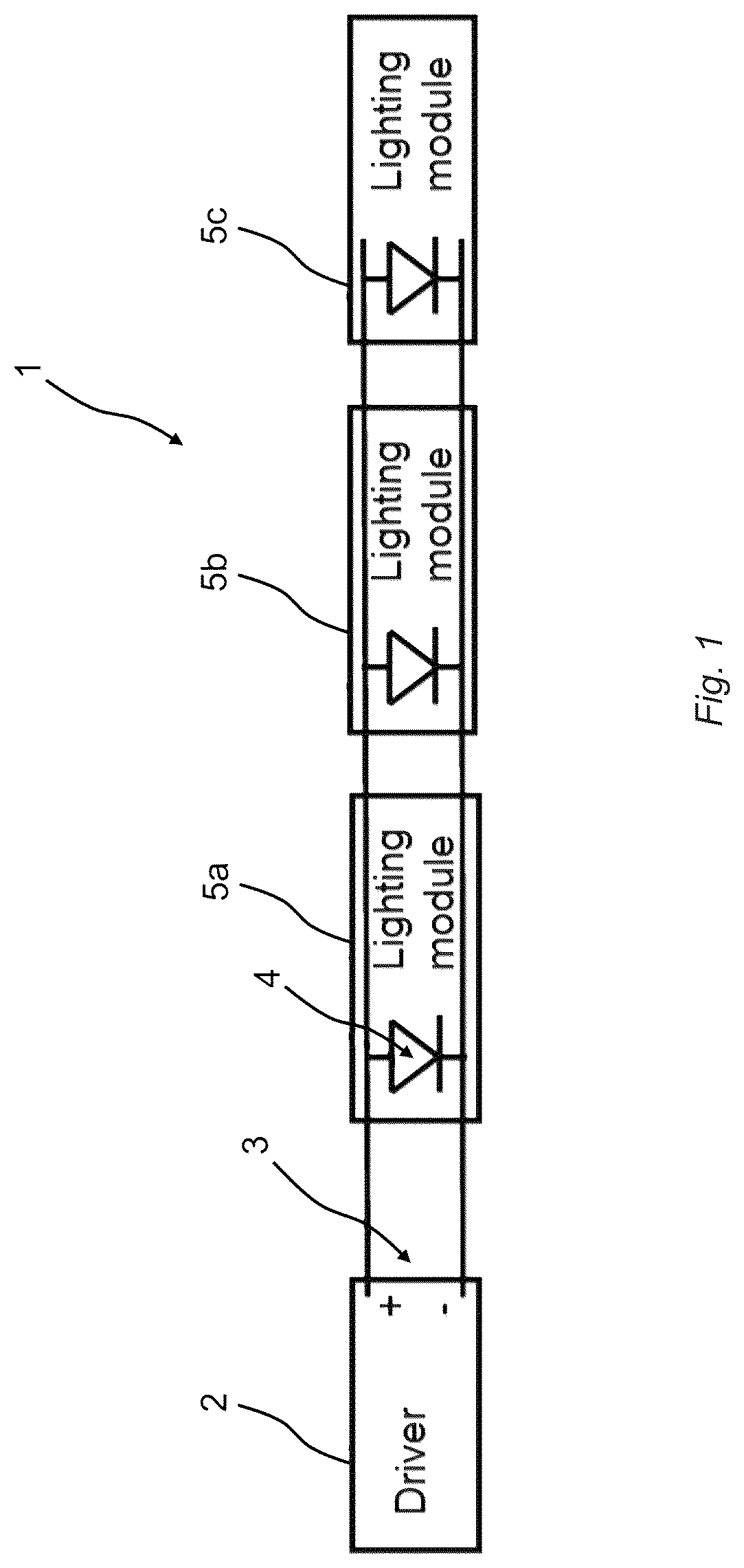 Patent US12313232 Figure 1 – Lighting system for emitting light comprising two connectable lighting modules, a lighting module, a method of operating a lighting module as well as a corresponding method