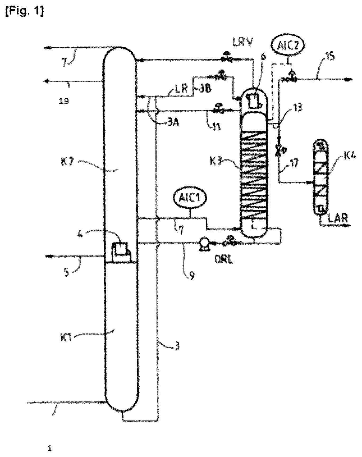 Patent US12313336 Figure 1 – Method for starting up an argon separation column of an apparatus for air separation by cryogenic distillation and unit for implementing the method