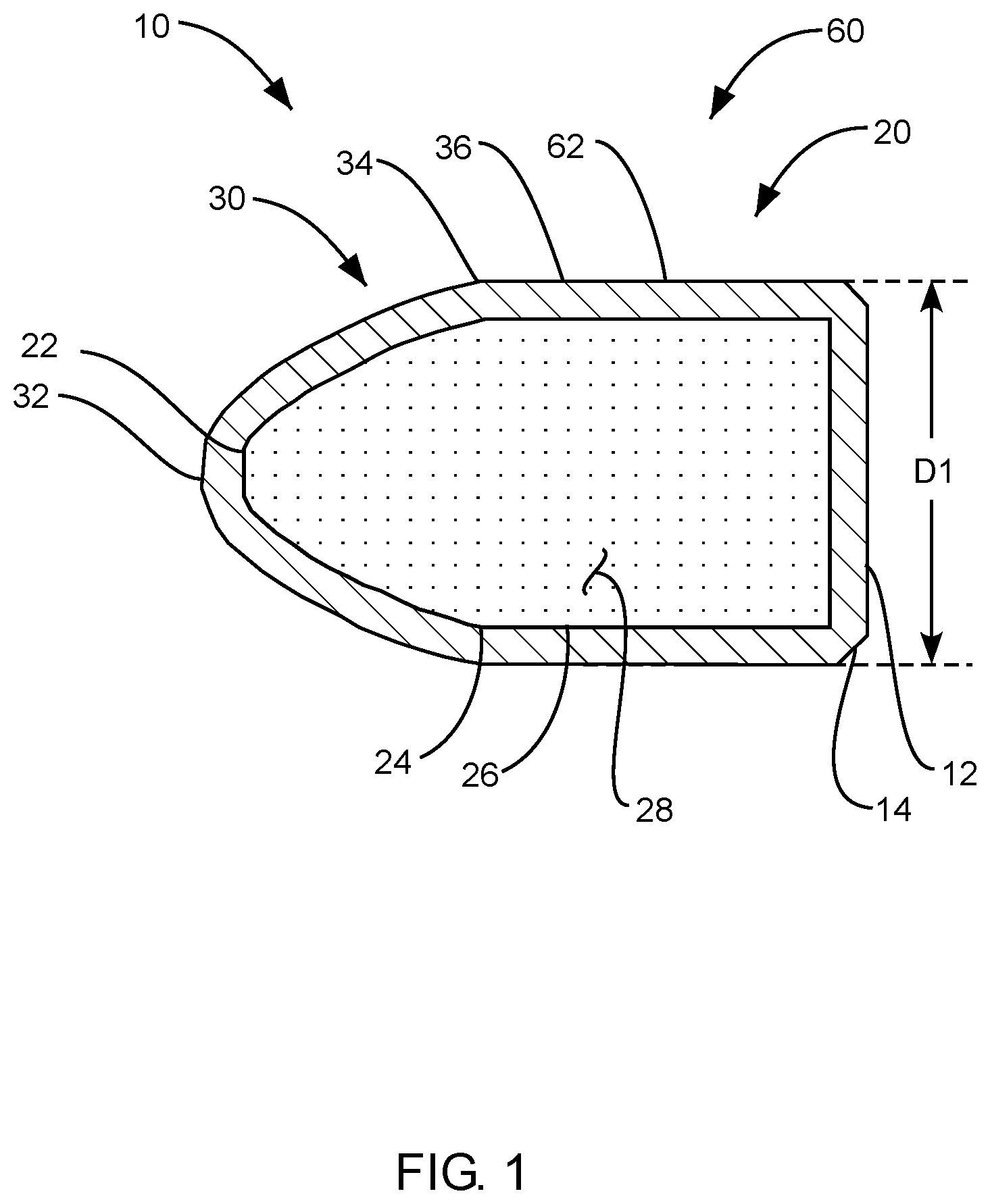 Patent US12313358 Figure 1 – Sub-mass projectile for a firearm