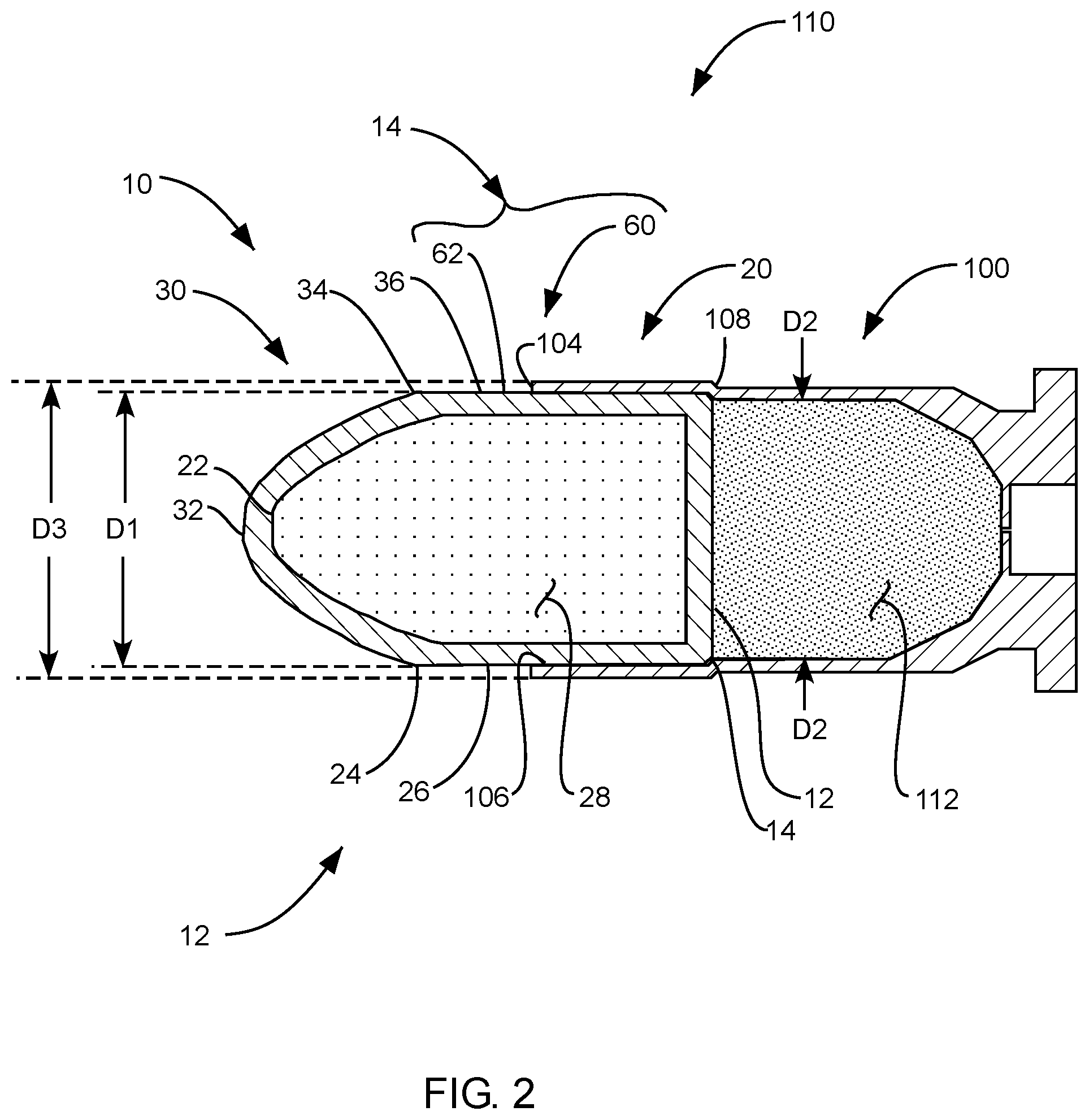 Patent US12313358 Figure 2 – Sub-mass projectile for a firearm