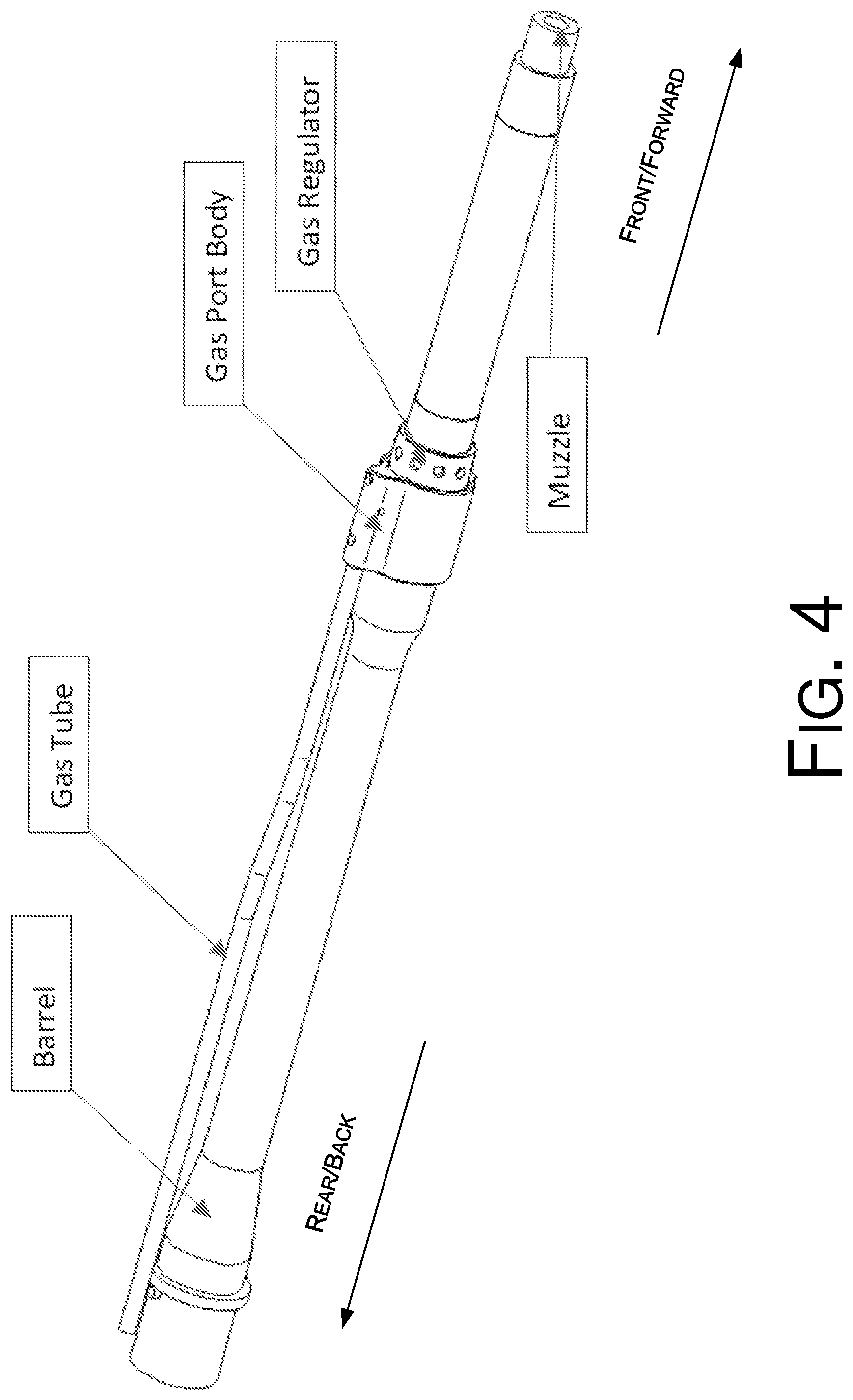 Patent US12313367 Figure 4 – Adjustable gas block with front adjustment access for firearm direct-impingement gas system