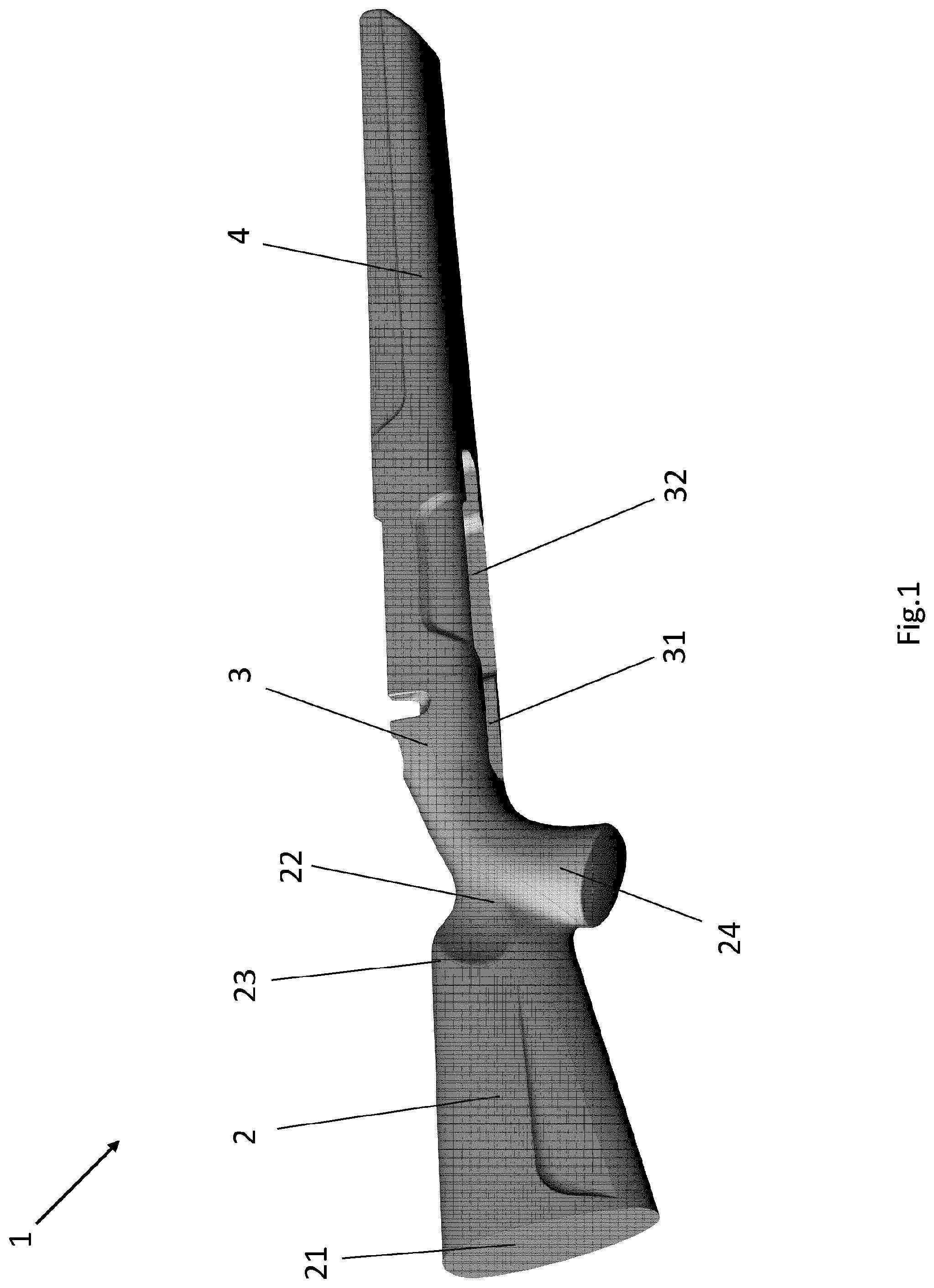 Patent US12313374 Figure 1 – One-piece gunstock of advanced composite material for firearm and manufacturing method thereof