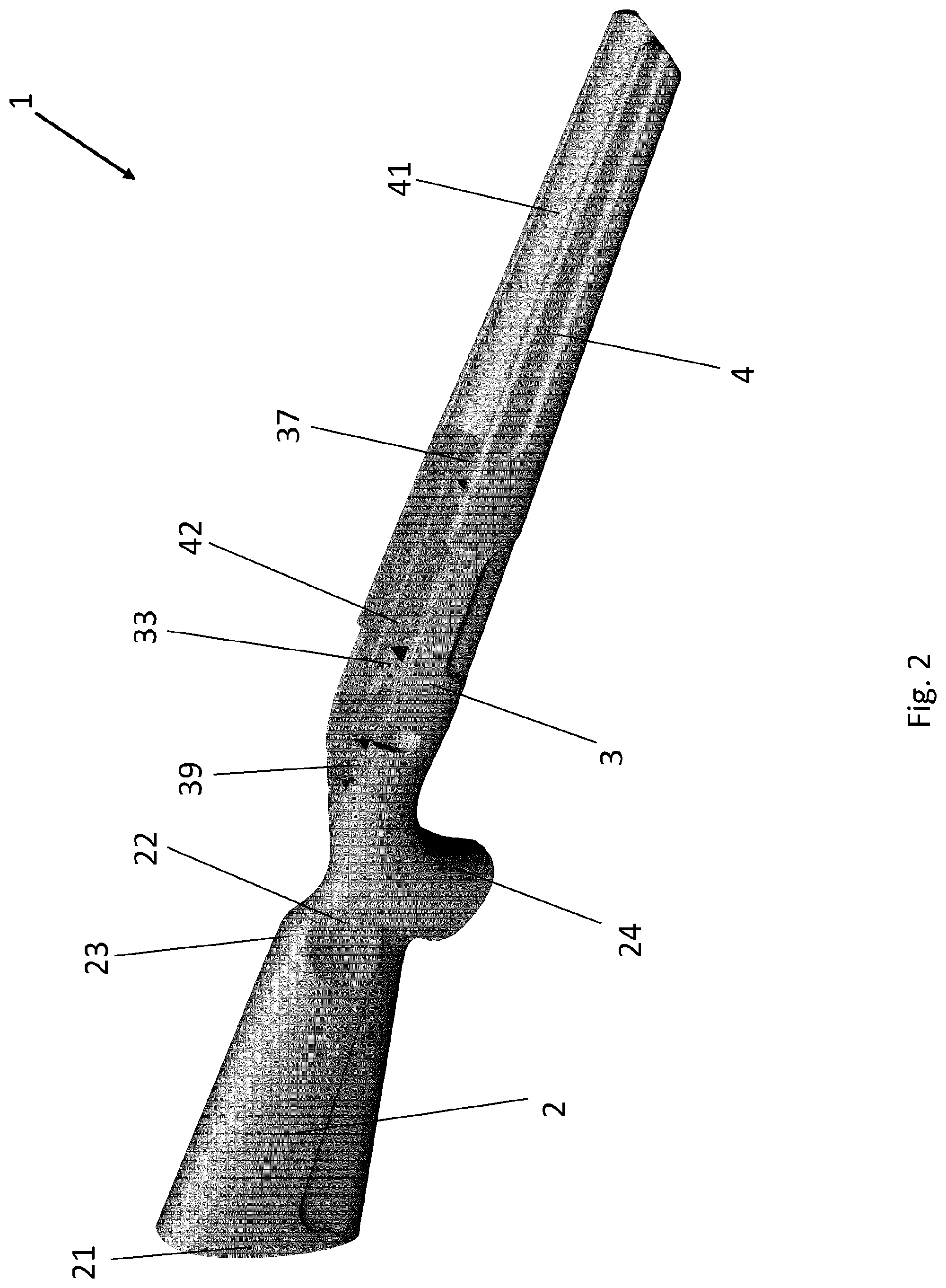 Patent US12313374 Figure 2 – One-piece gunstock of advanced composite material for firearm and manufacturing method thereof