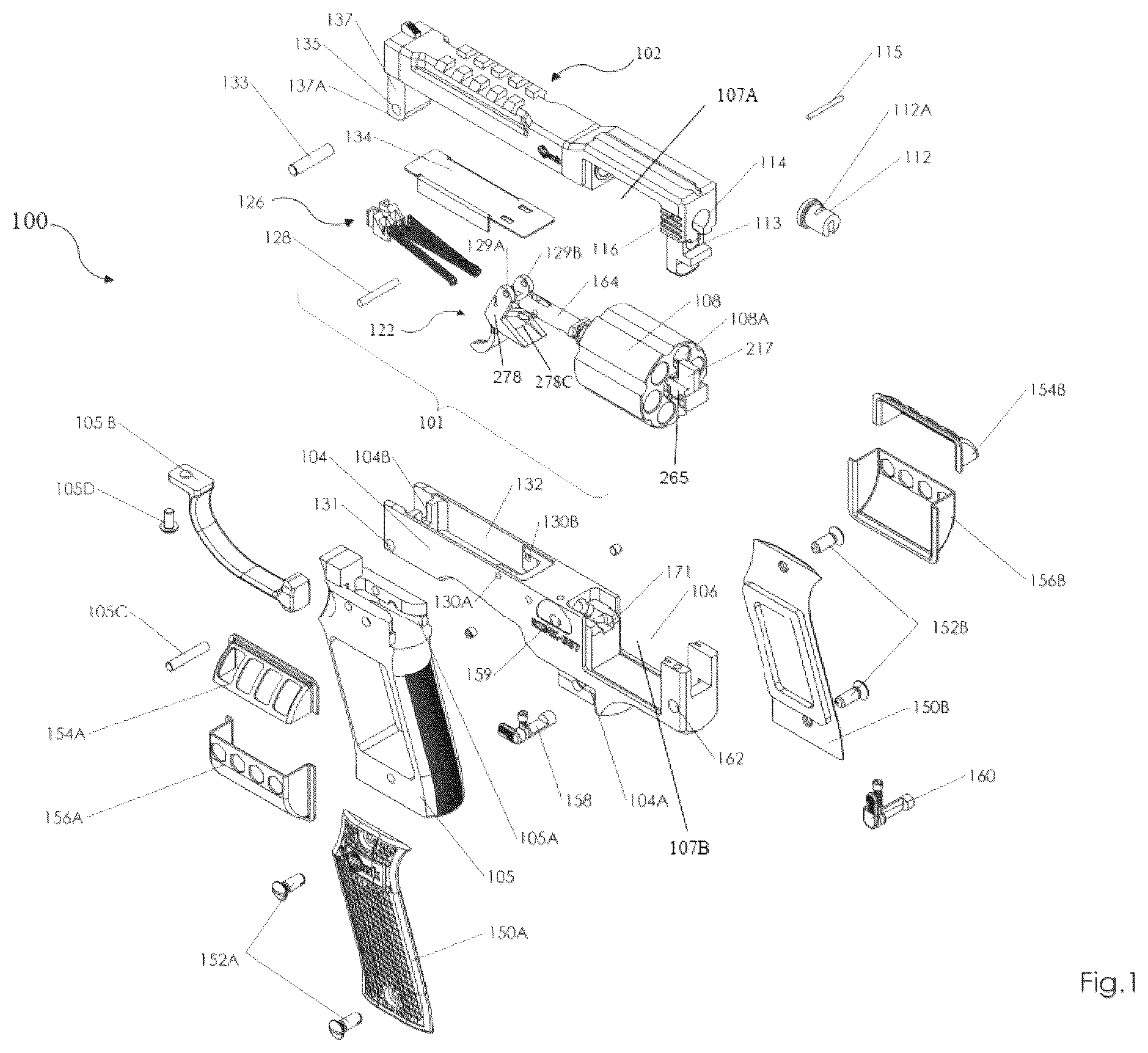 Patent US12313375 Figure 1 – Open frame revolver with changeable drum