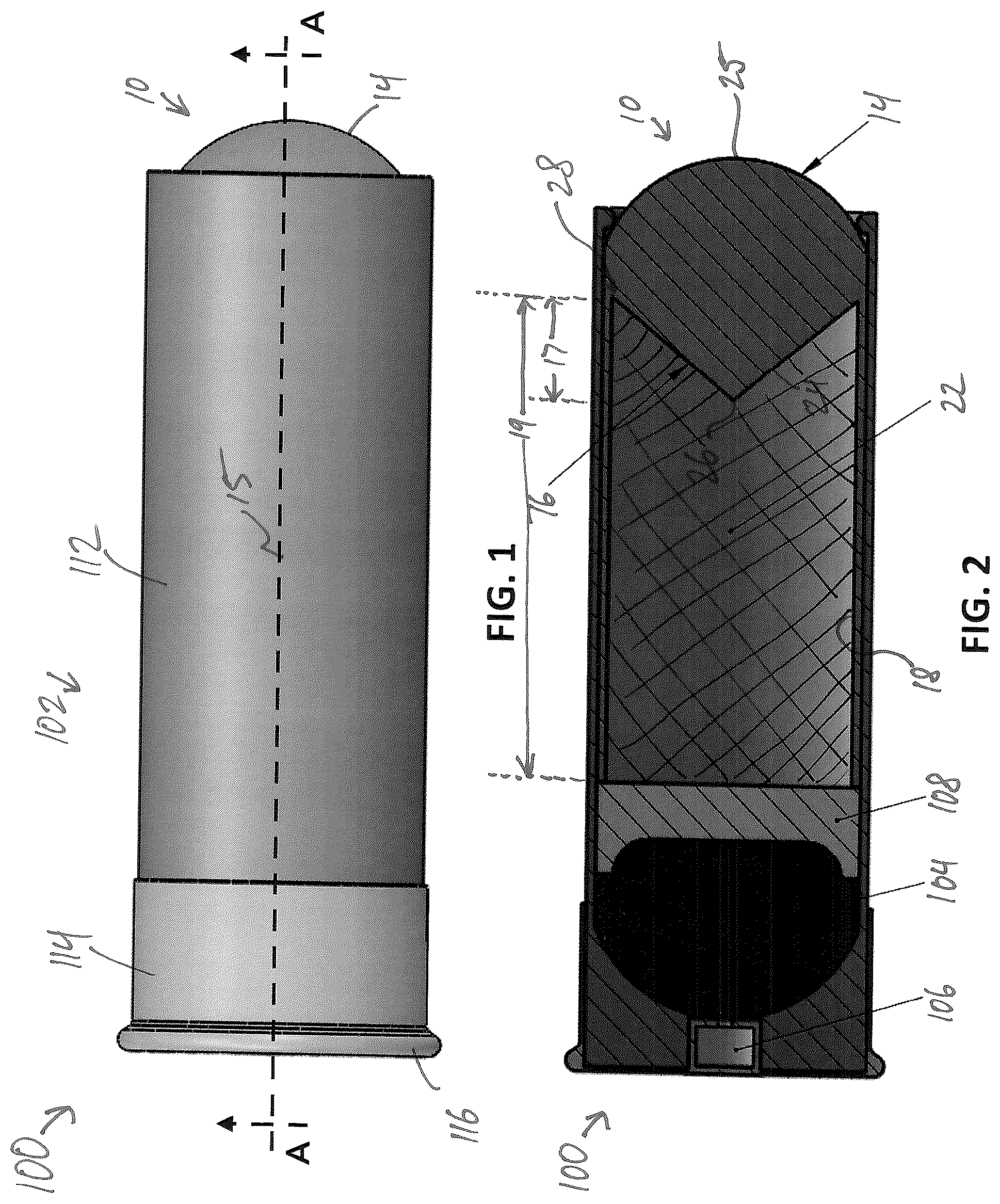 Patent US12313384 Figure 1 – Less-lethal projectiles and cartridges