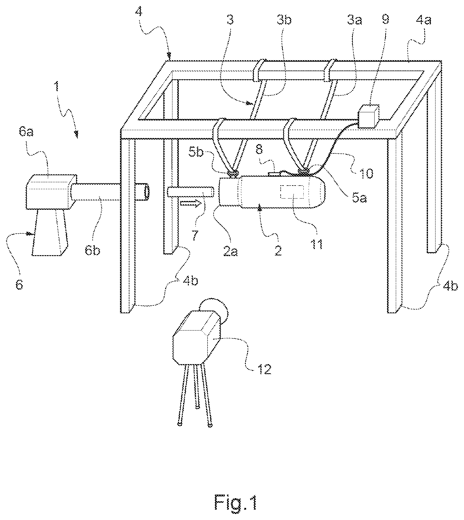 Patent US12313387 Figure 1 – Device and method for simulating a dynamic munition-related environment for a projectile, and simulation device-projectile assembly