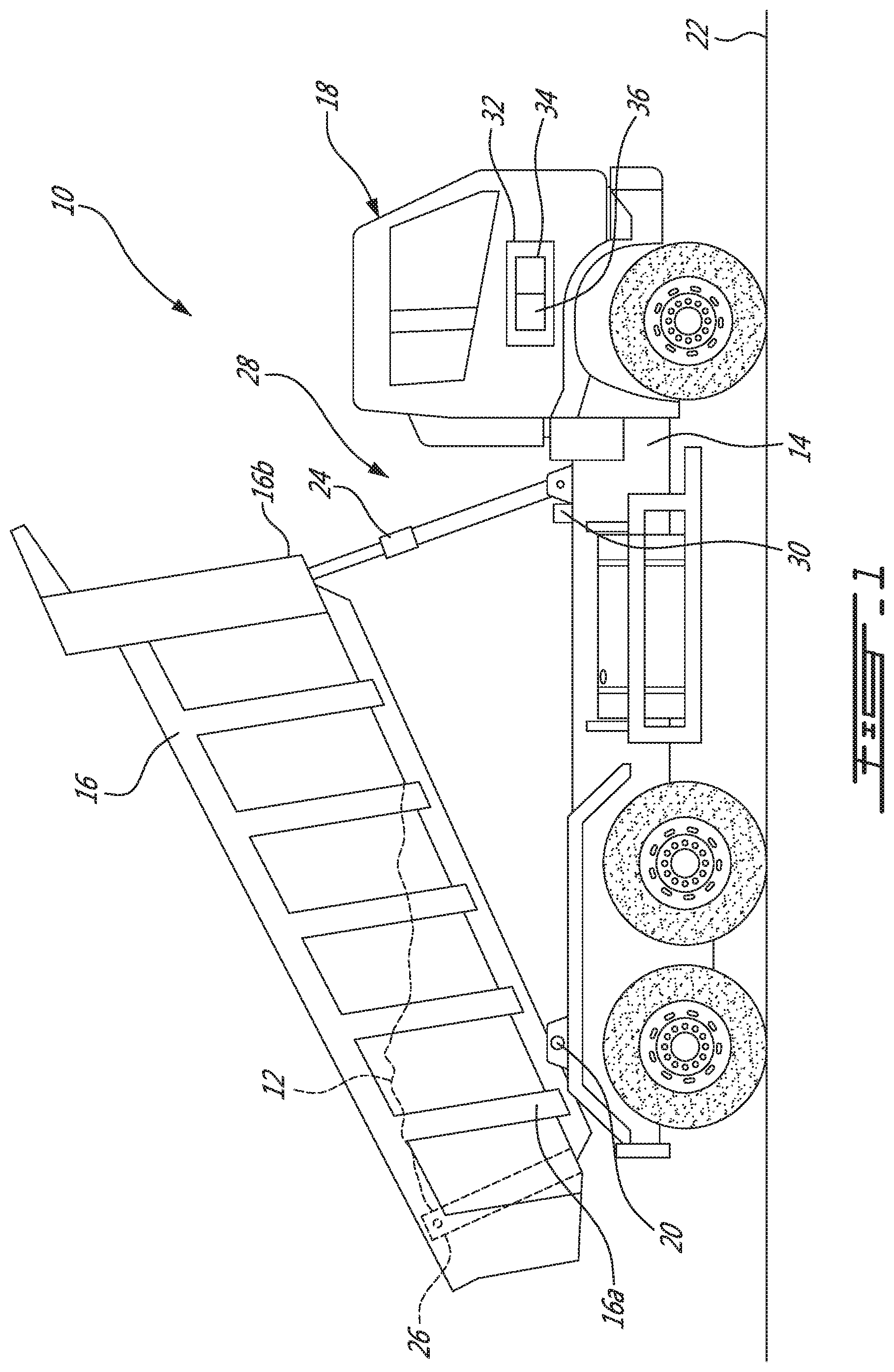 Patent US12313442 Figure 1 – Method and system for confirming delivery of bulk material from a bed of a dump truck
