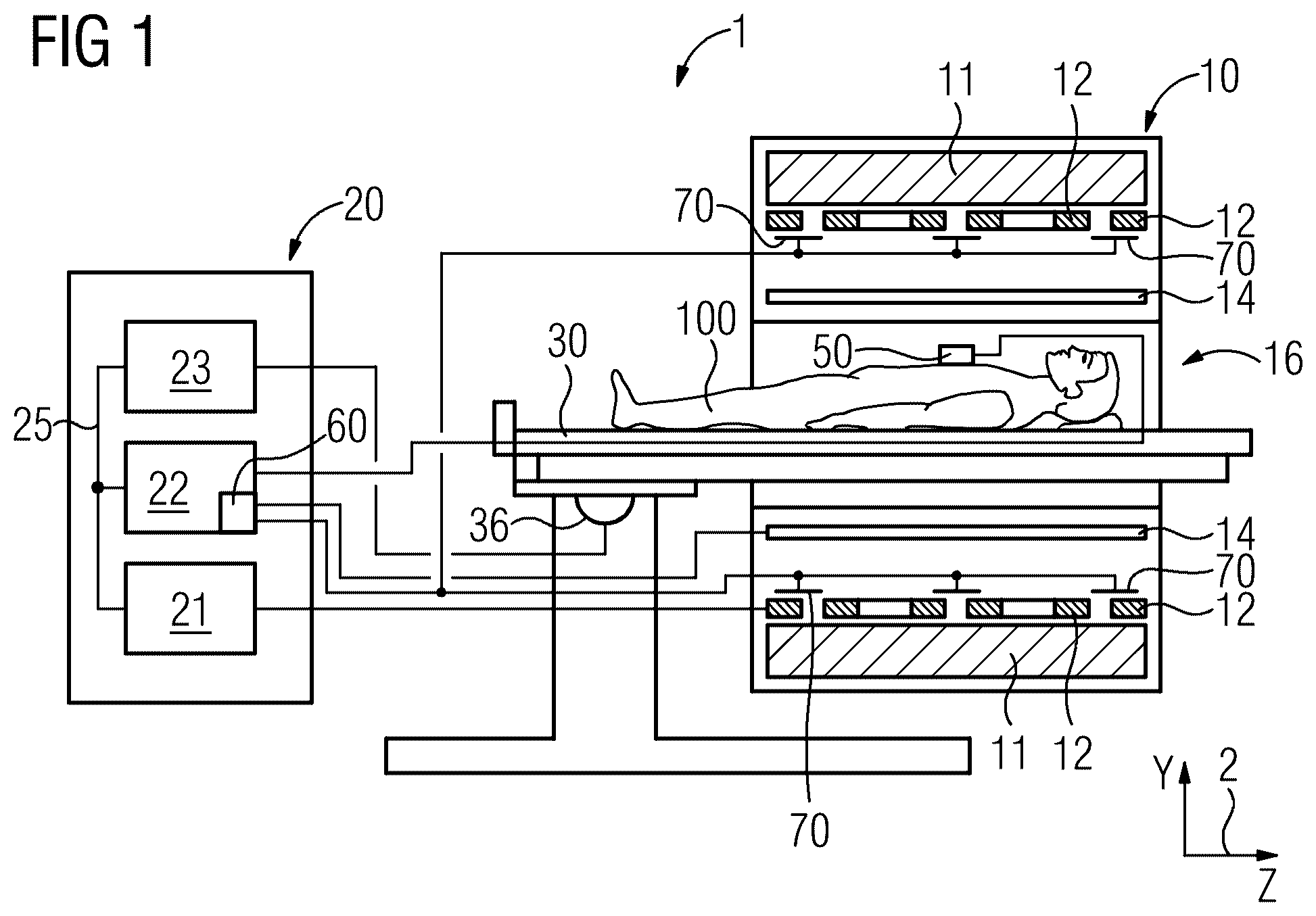 Patent US12313712 Figure 1 – Sensor for detecting gradient-bounded interference to a magnetic resonance tomography system and method for operation