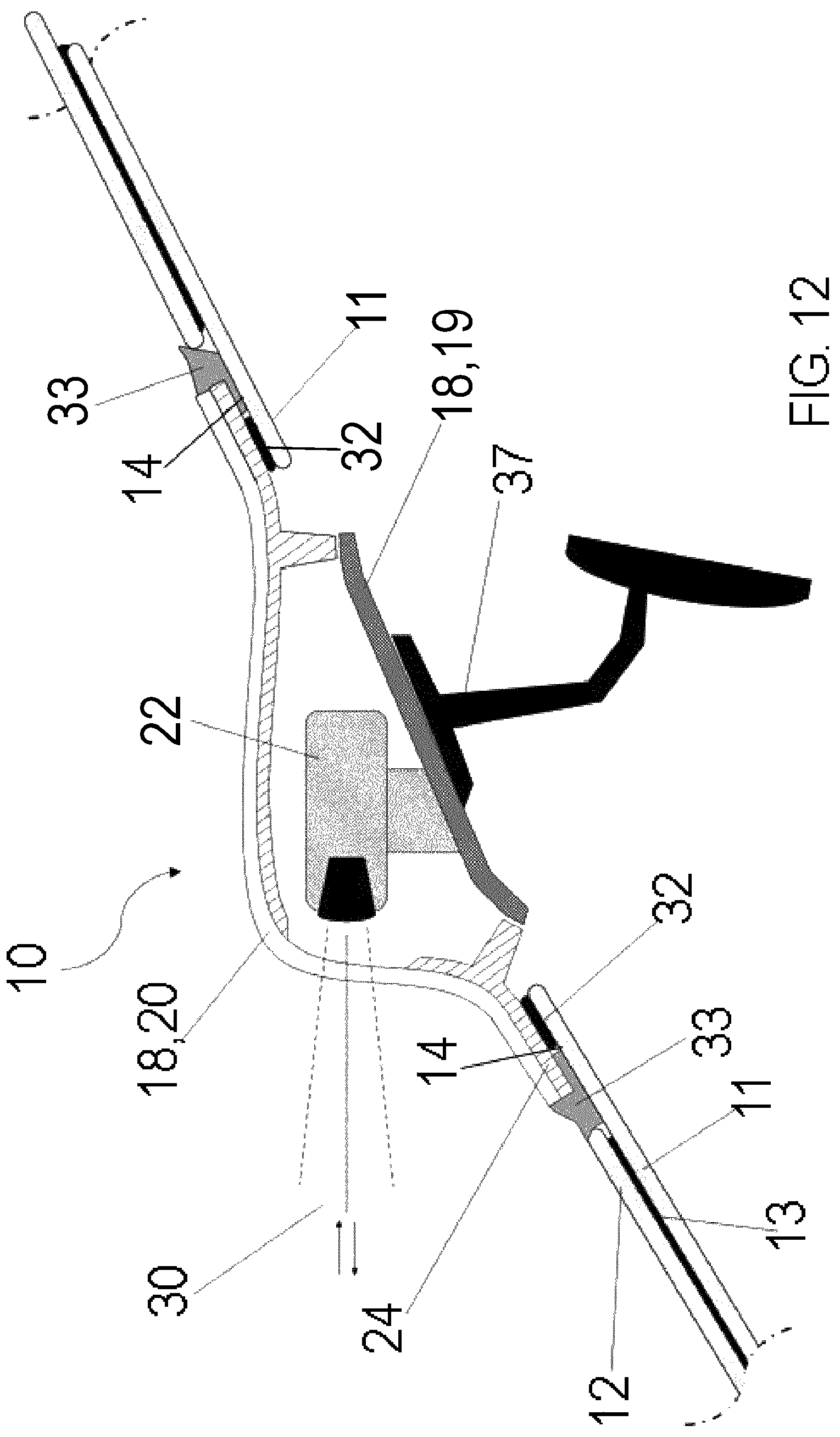 Patent US12313778 Figure 12 – Vehicle window with integrated sensor module