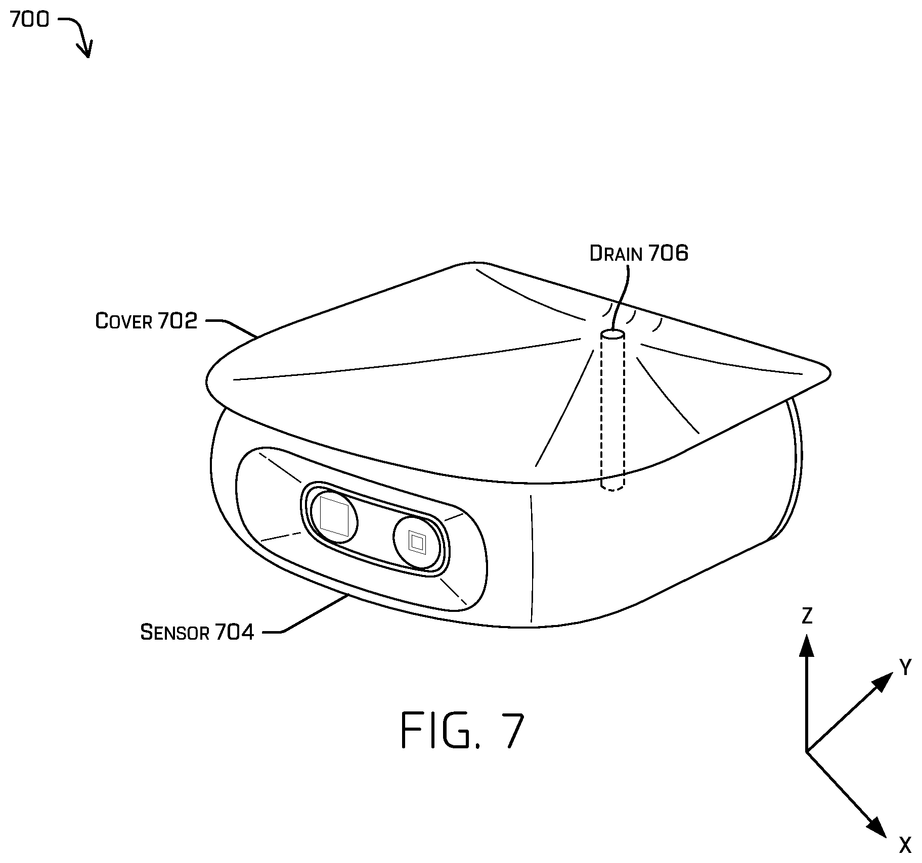 Patent US12313844 Figure 7 – Sensor cover with drain