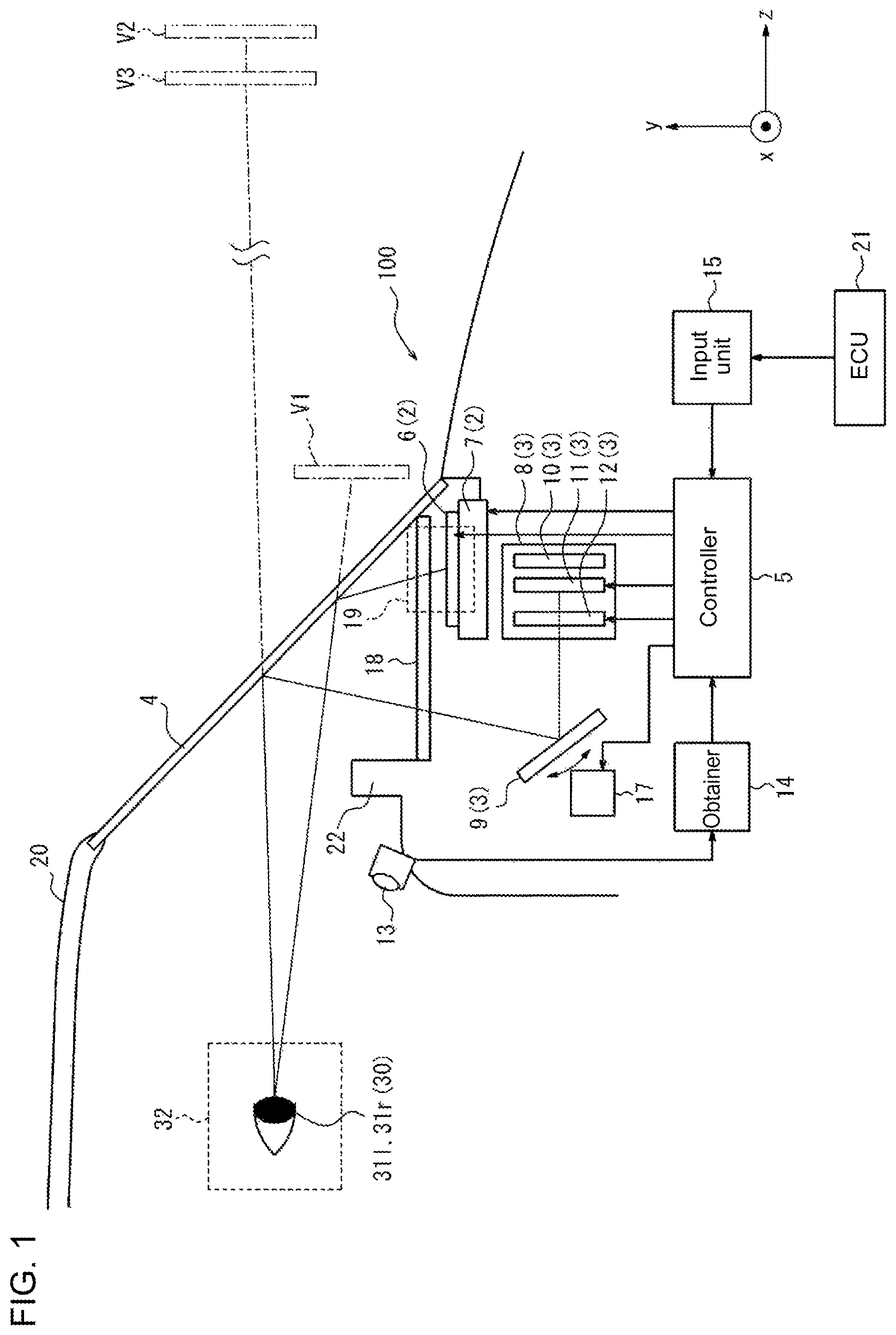 Patent US12313847 Figure 1 – Head-up display, head-up display system, and movable body