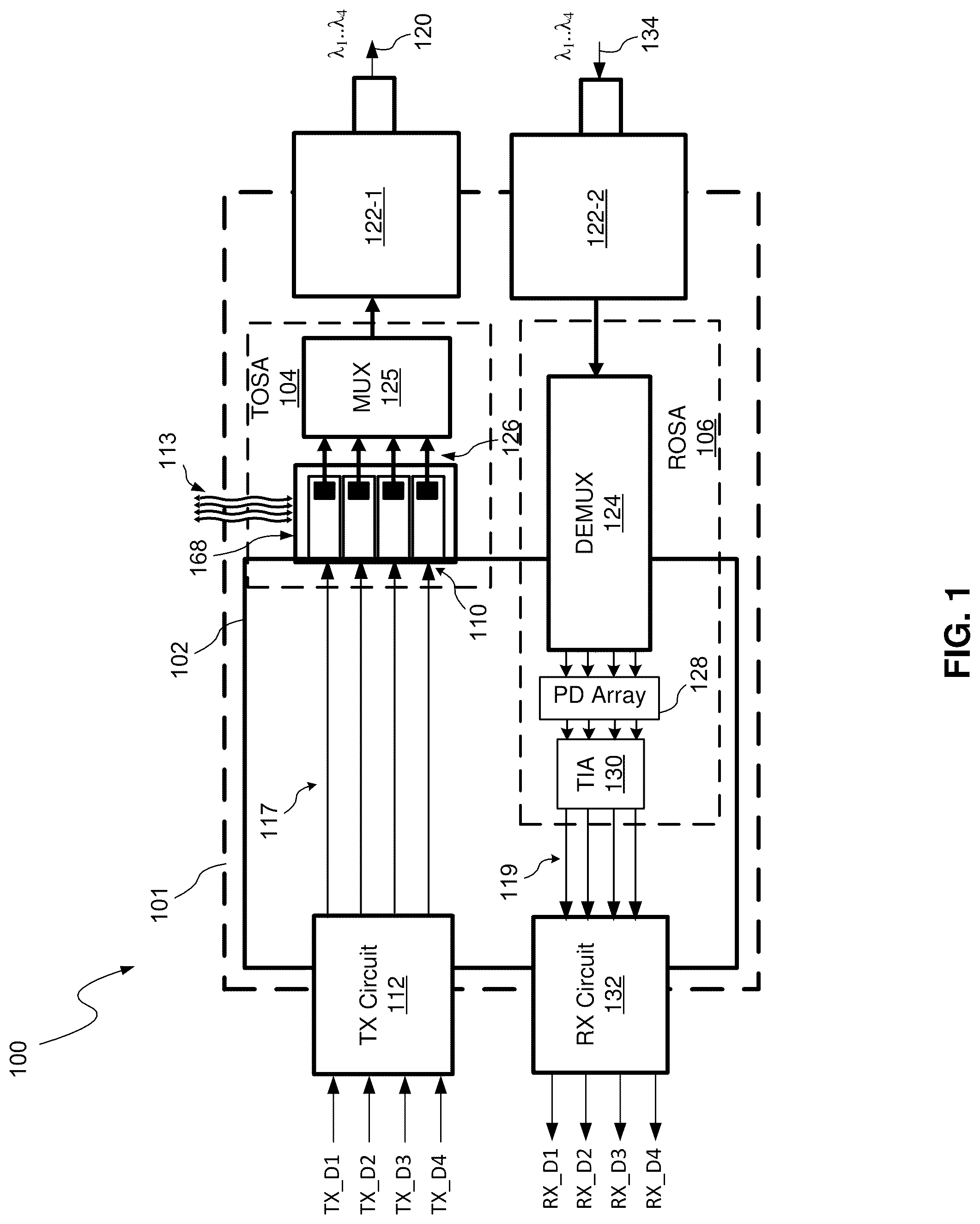 Patent US12313892 Figure 1 – Techniques for thermal management within optical subassembly modules
