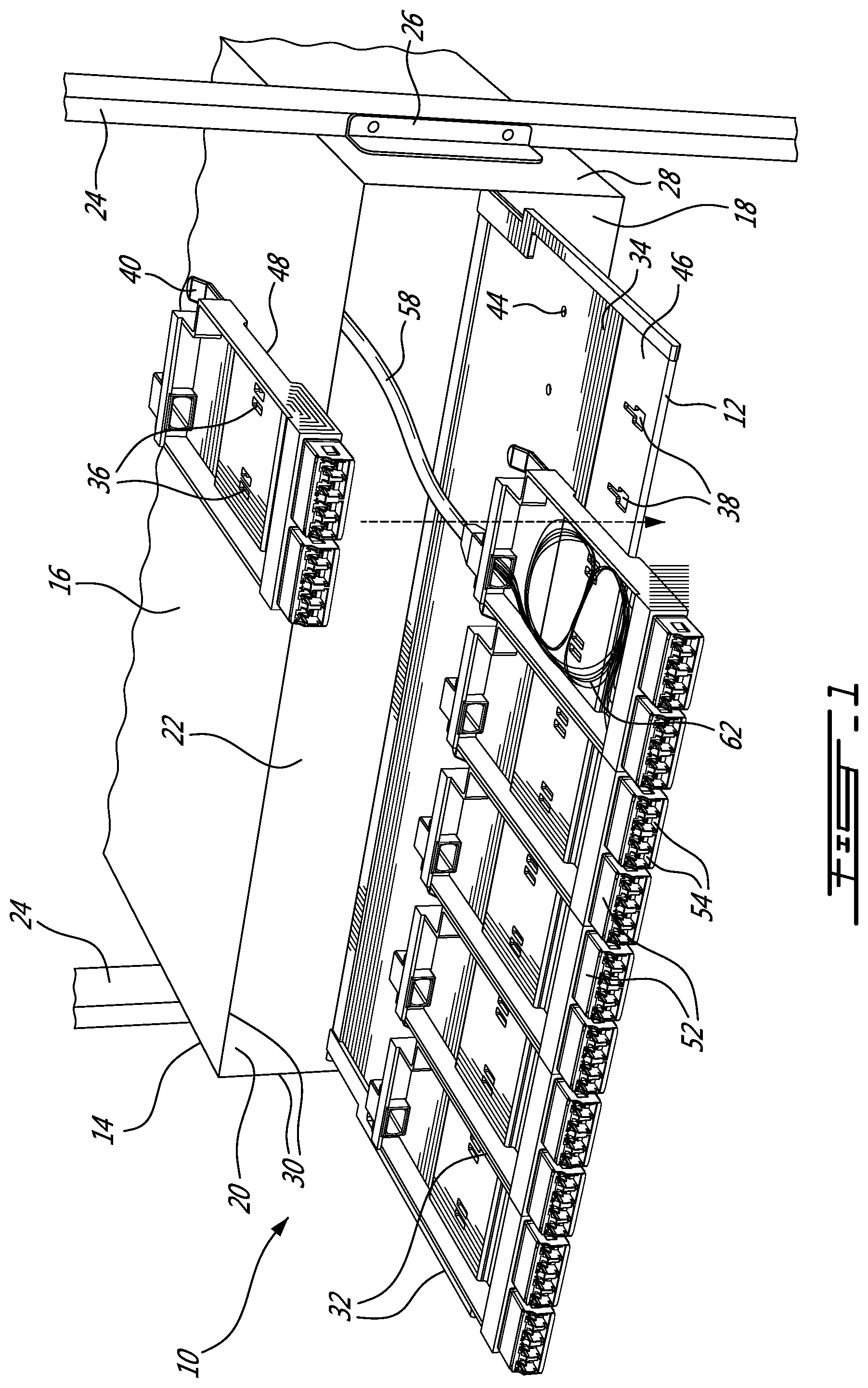 Patent US12313896 Figure 1 – Tray means for providing a plurality of different modular cassette configurations in a fiber optic management system