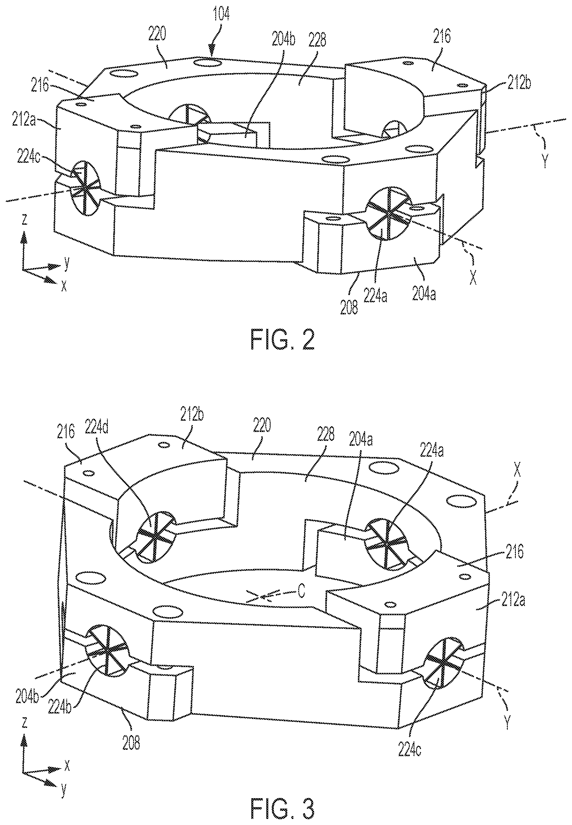 Patent US12313905 Figure 3 – Monolithic two-axis flexure with center hole feature
