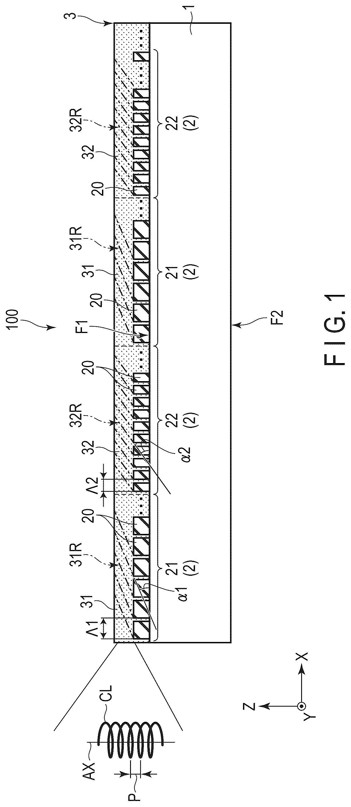 Patent US12313940 Figure 1 – Liquid crystal optical element comprising an alignment control layer having a plurality of convex bodies