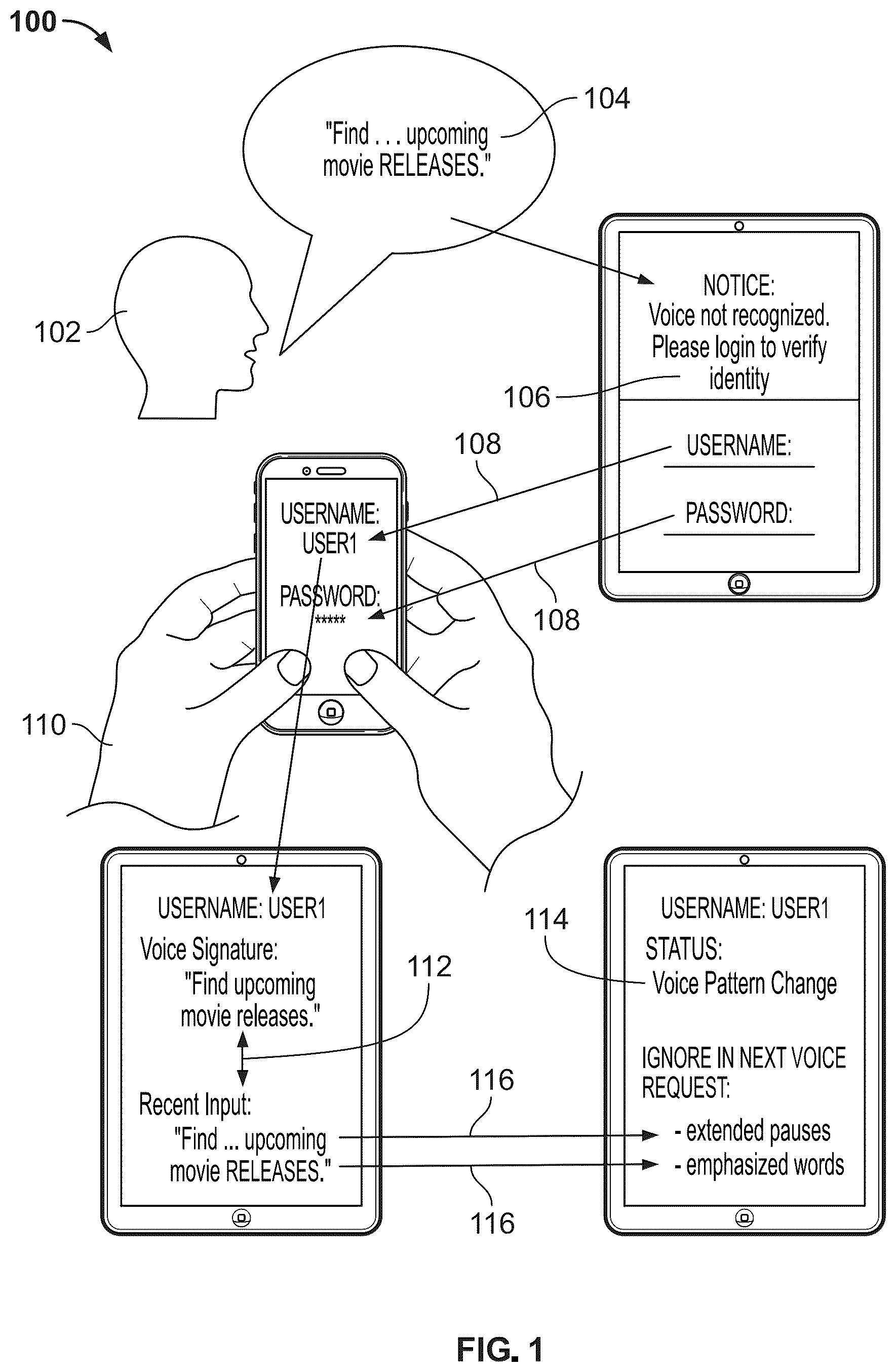 Patent US12314376 Figure 1 – Adaptive biometric authentication