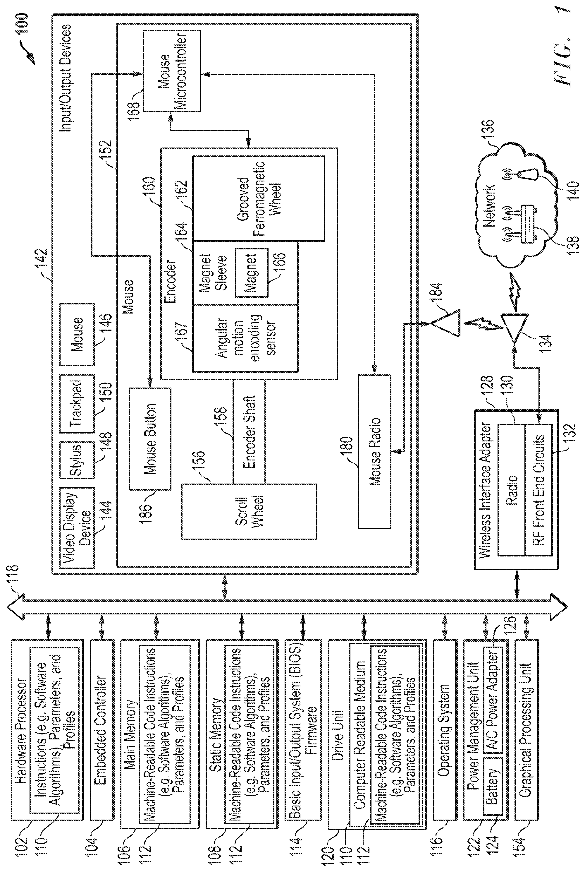 Patent US12314488 Figure 1 – System and method for a quiet mouse scroll wheel with magnetic haptic encoder