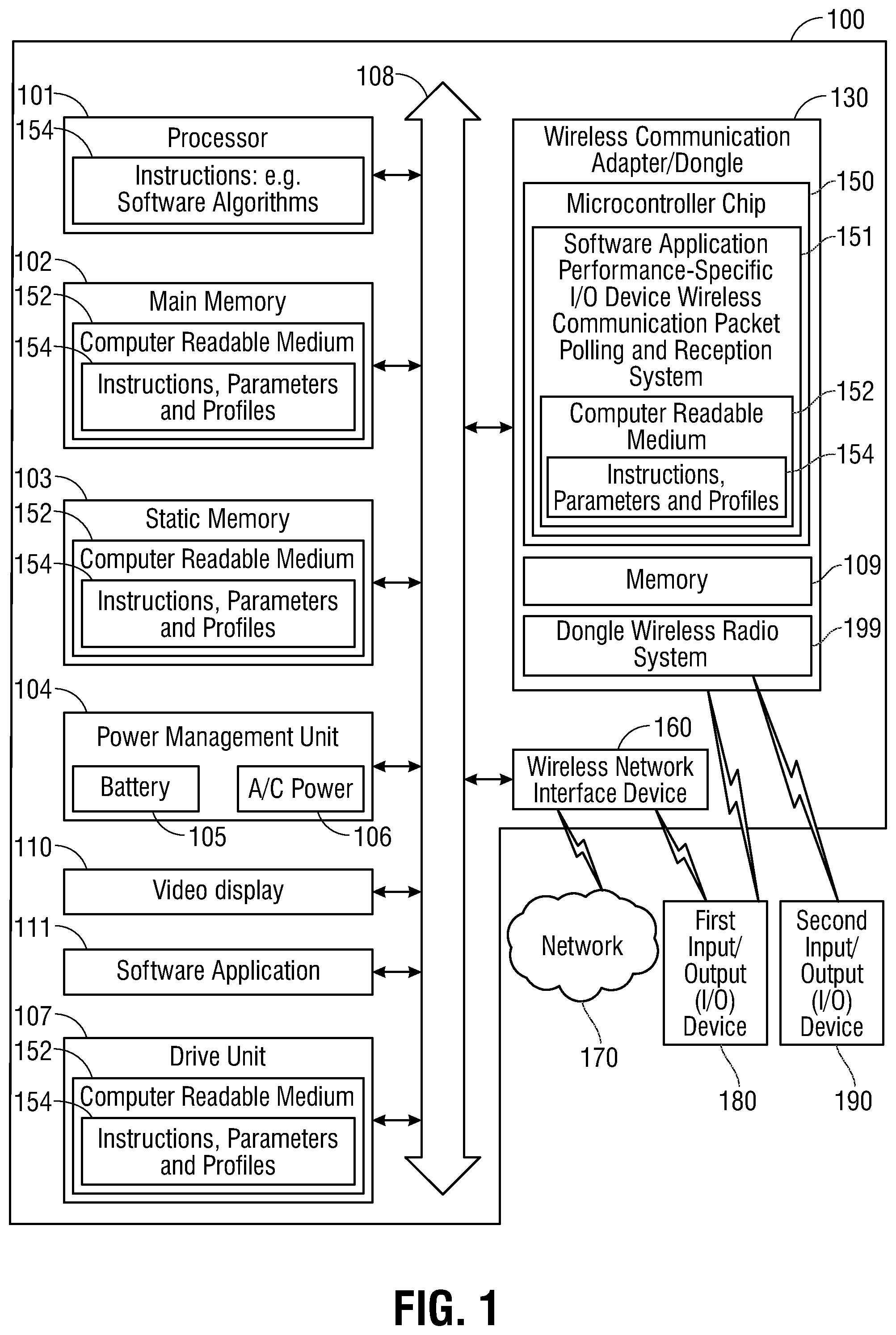 Patent US12314494 Figure 1 – System and method for software application performance-specific data packet communication and polling system for wireless input/output (IO) devices