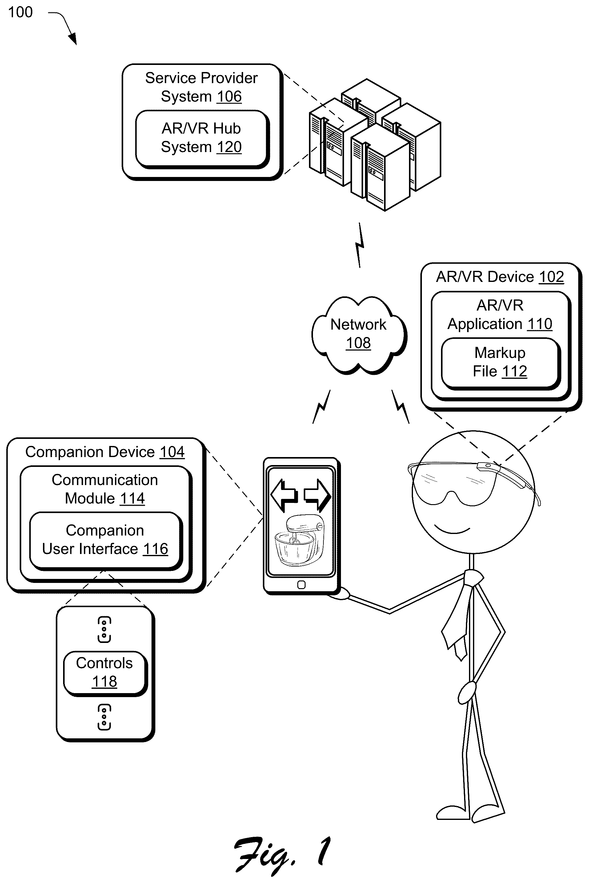 Patent US12314496 — Synchronizing augmented or virtual reality (AR/VR) applications with companion device interfaces — Figure 1