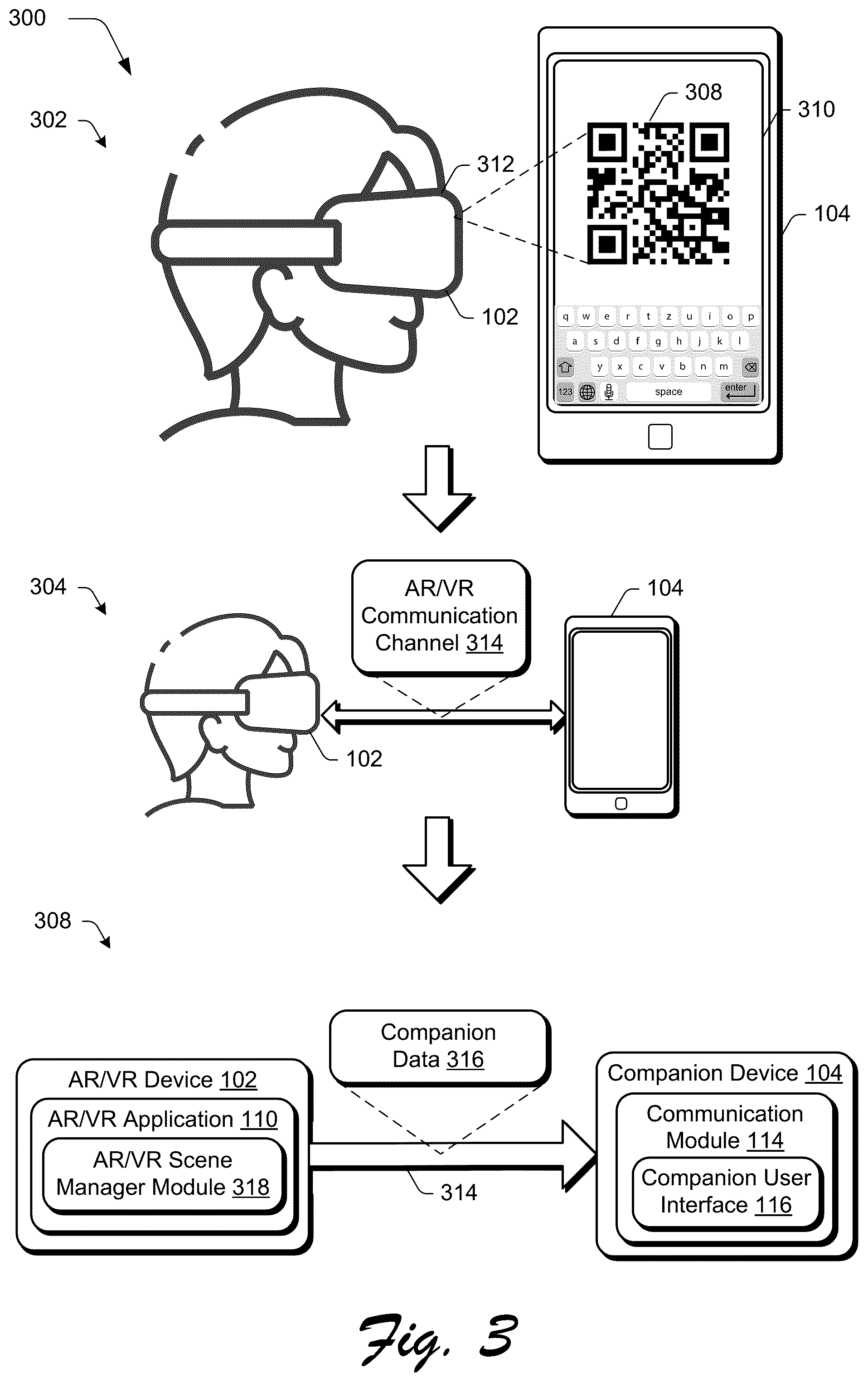Patent US12314496 Figure 3 – Synchronizing augmented or virtual reality (AR/VR) applications with companion device interfaces