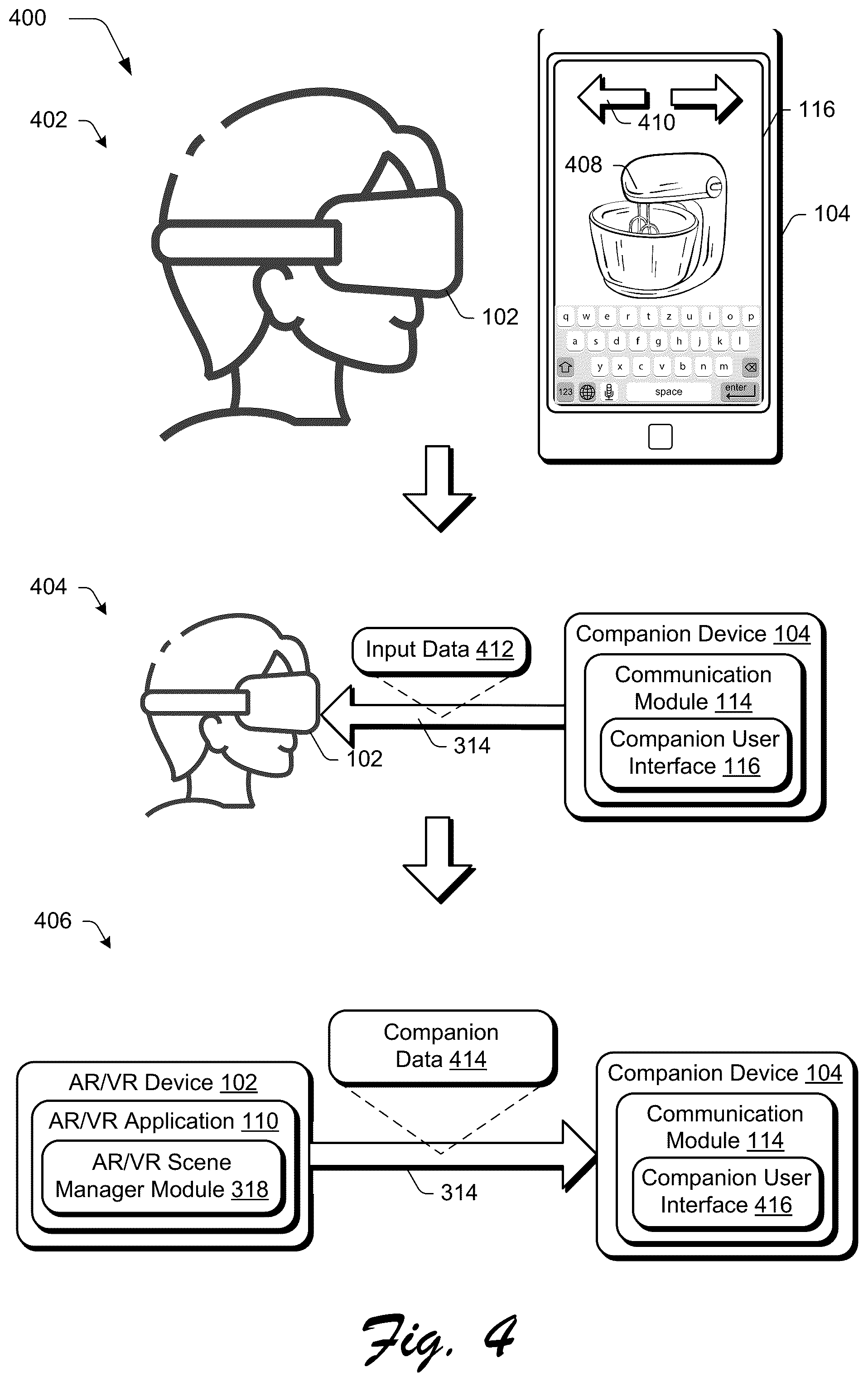 Patent US12314496 Figure 4 – Synchronizing augmented or virtual reality (AR/VR) applications with companion device interfaces
