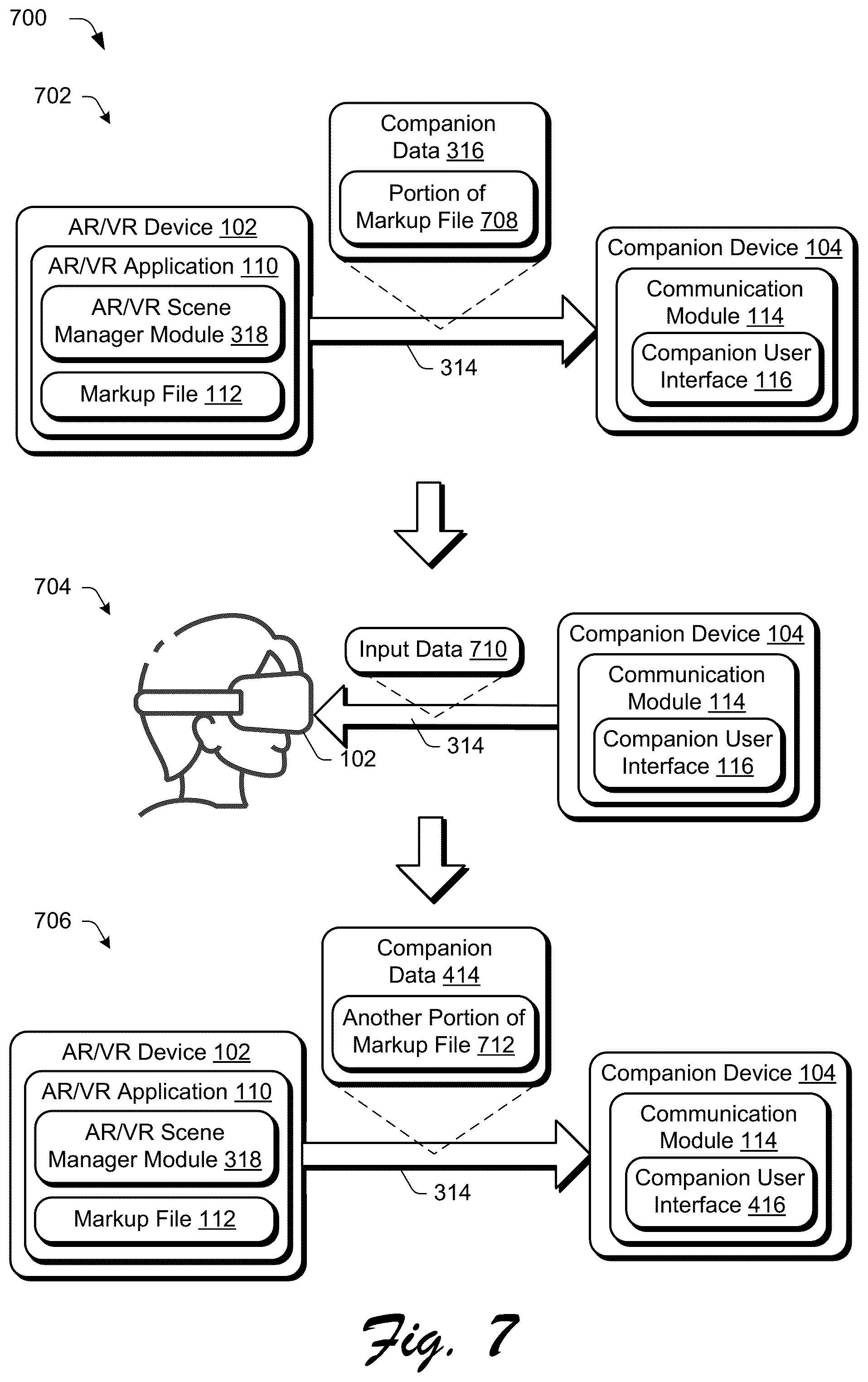 Patent US12314496 Figure 7 – Synchronizing augmented or virtual reality (AR/VR) applications with companion device interfaces