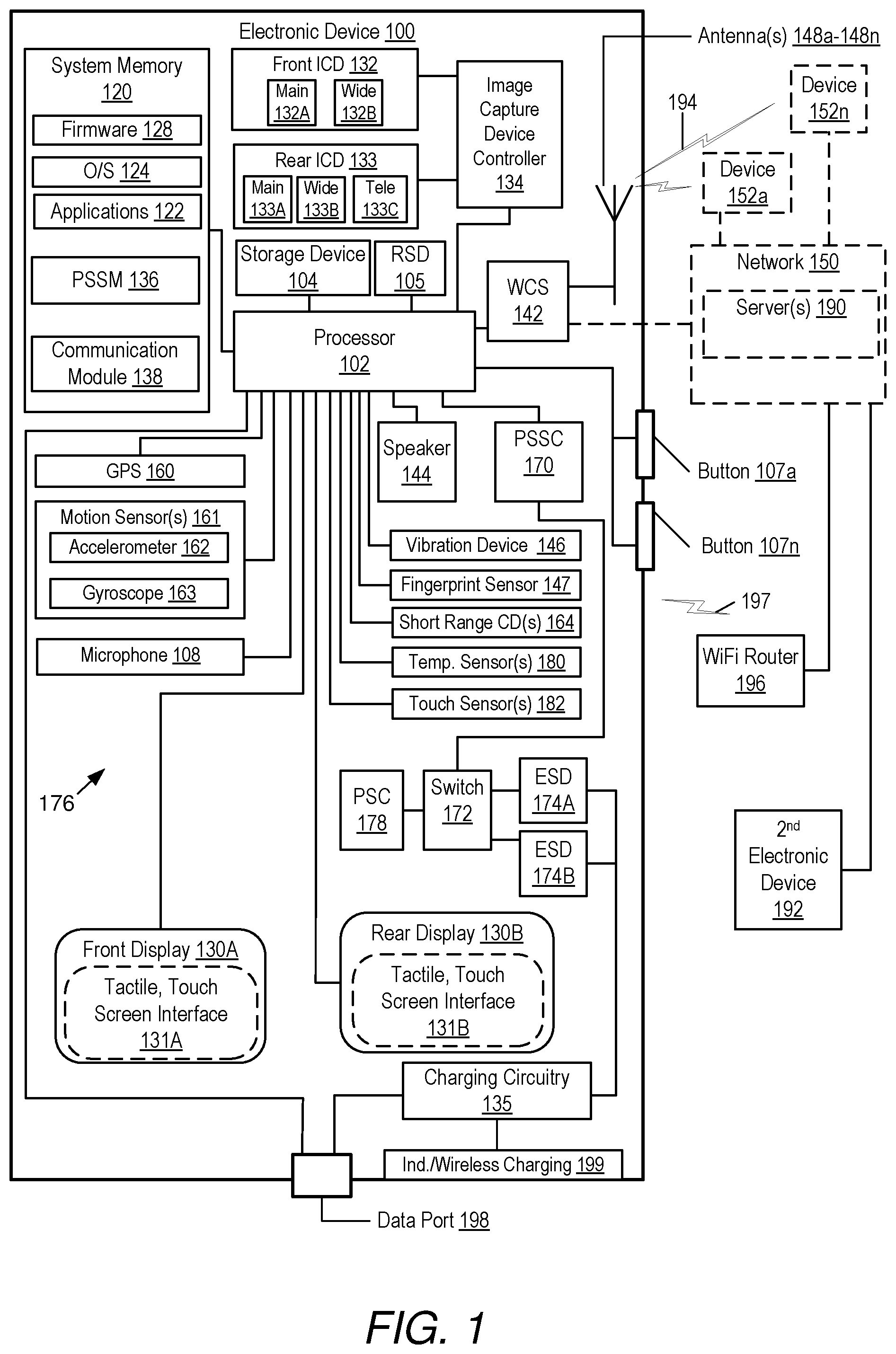 Patent US12314579 Figure 1 – Managing multiple energy storage devices in an electronic device based on environmental conditions