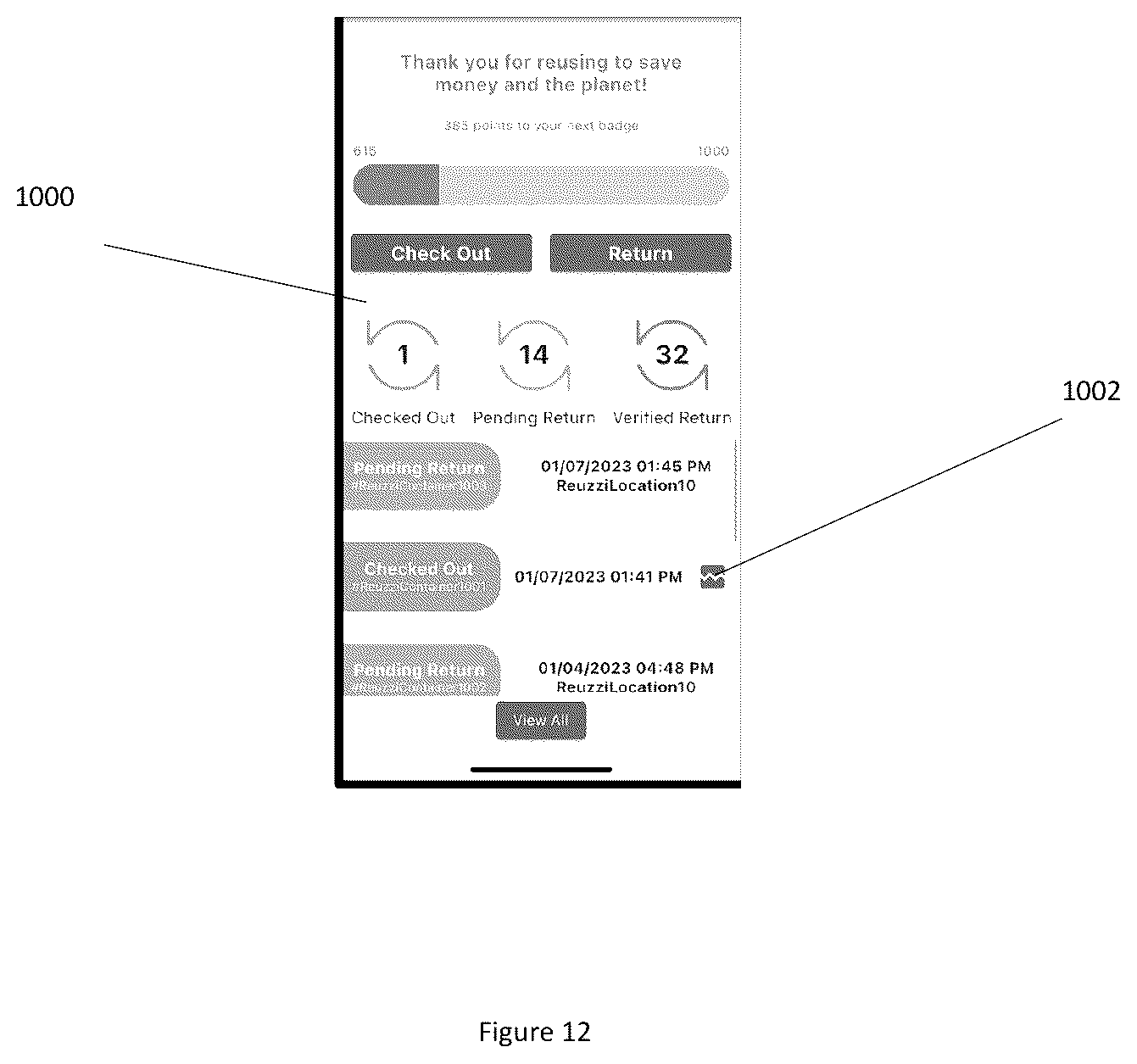 Patent US12314894 Figure 12 – System and method for tracking of reusable item