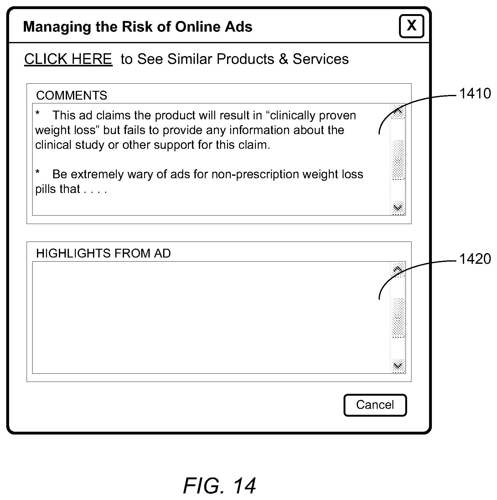 Patent US12314977 Figure 14 – Identifying potentially unfair practices in content and serving relevant advertisements