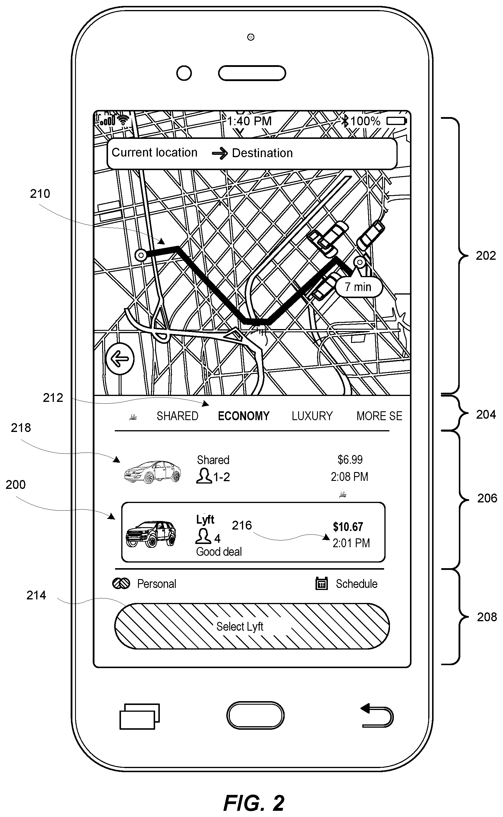Patent US12314989 Figure 2 – Systems and methods for determining a pre-request transportation match between transportation requestor devices and transportation provider devices