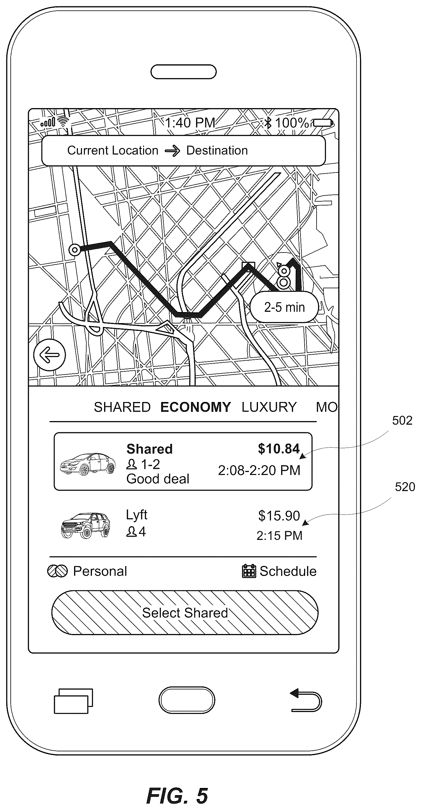 Patent US12314989 Figure 5 – Systems and methods for determining a pre-request transportation match between transportation requestor devices and transportation provider devices