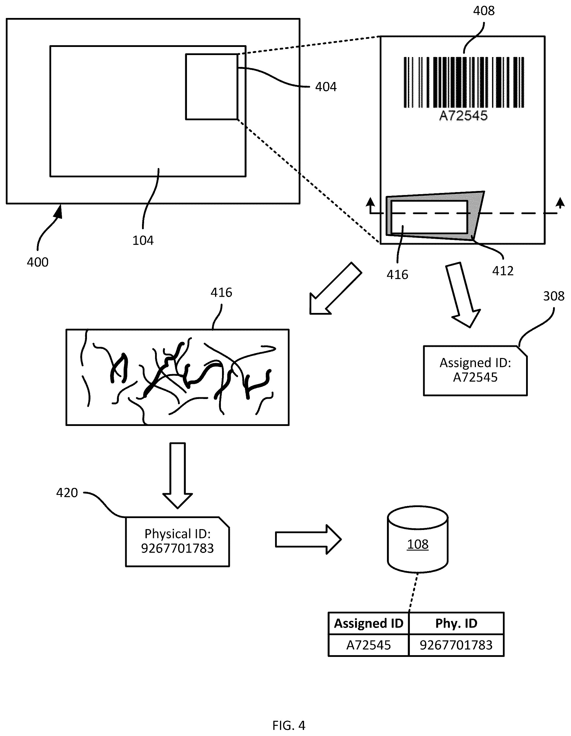 Patent US12315185 Figure 4 – Object identification using surface optical artifacts