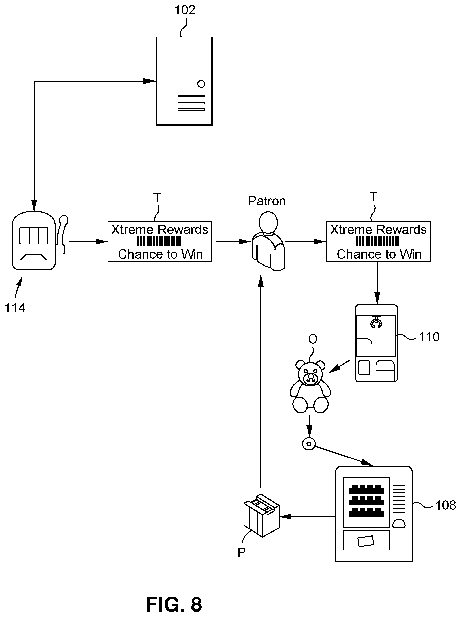 Patent US12315326 Figure 11 – Rewards system using skill/amusement game play device to award prizes