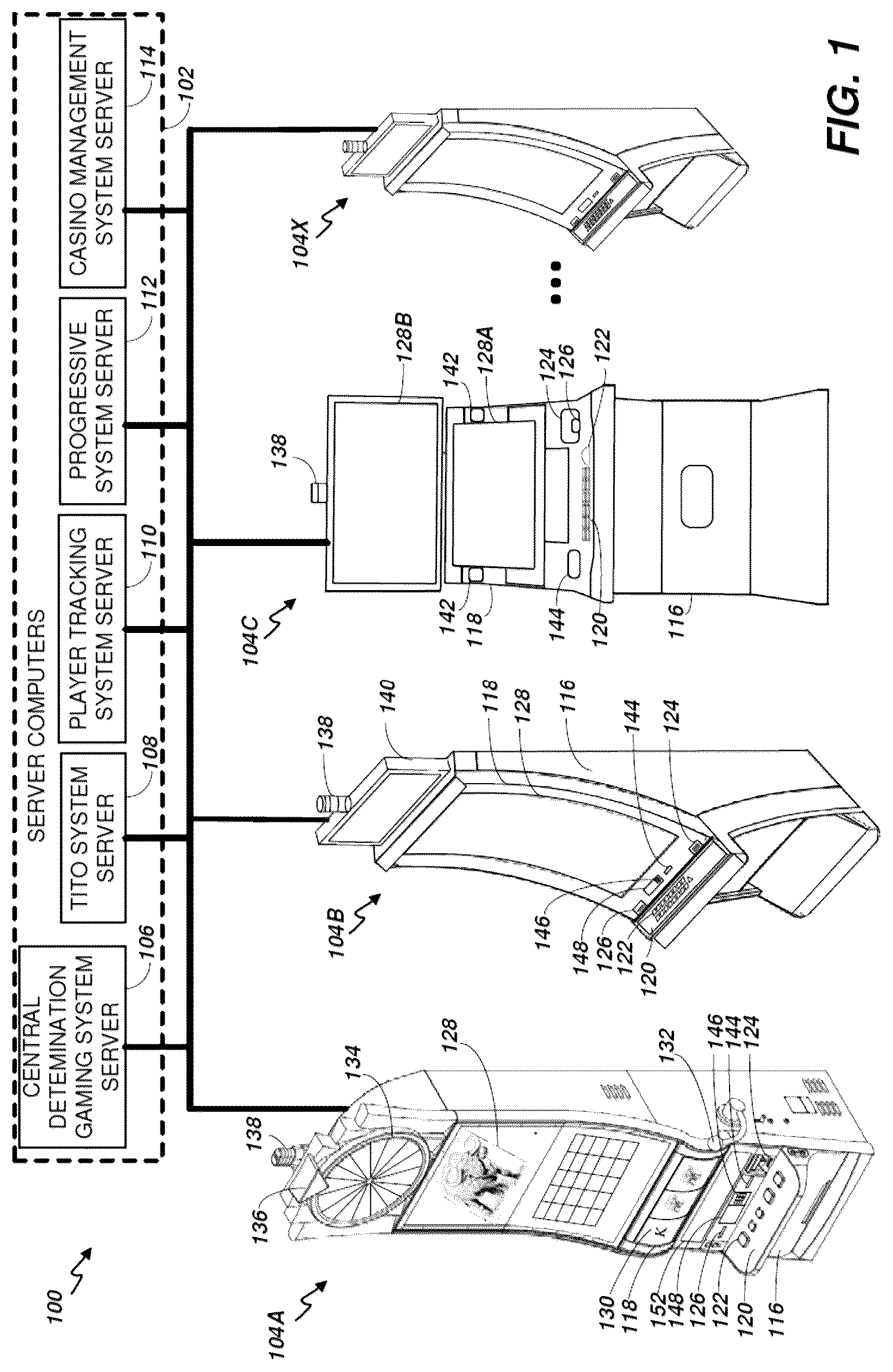 Patent US12315328 Figure 1 – Electronic gaming machine and system having visual persistence element and eligibility criterion with increasing height substituted reels and multipliers