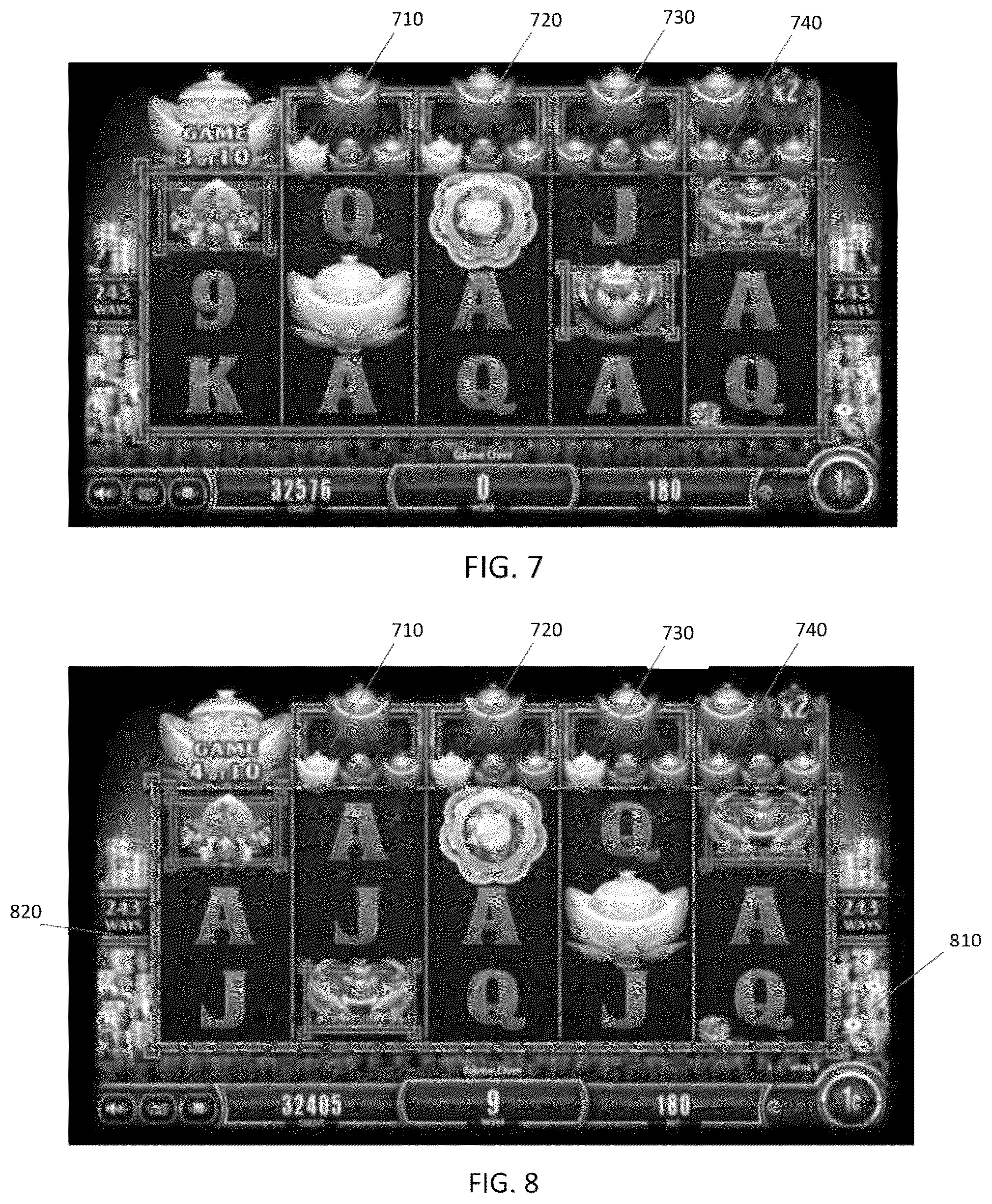 Patent US12315328 Figure 7 – Electronic gaming machine and system having visual persistence element and eligibility criterion with increasing height substituted reels and multipliers