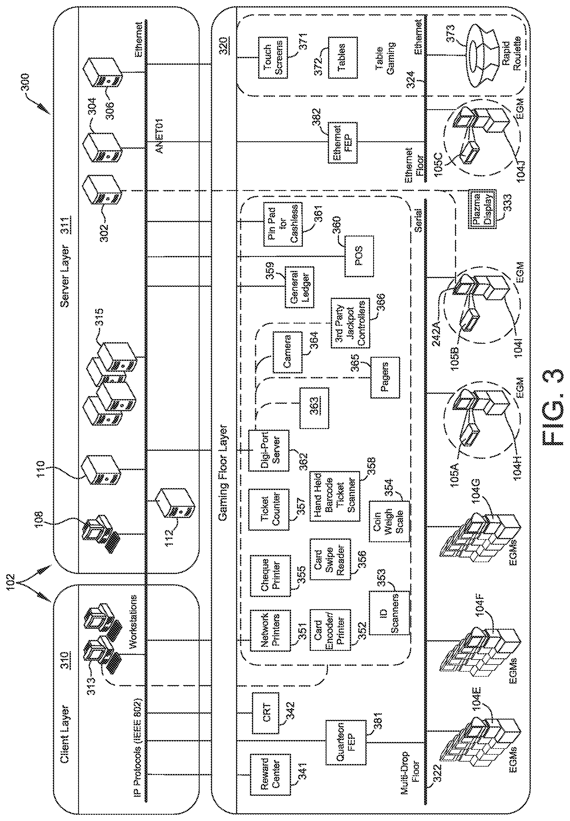 Patent US12315336 Figure 3 – Electronic gaming system and method for managing funds transfer based upon proximity of a mobile device to a geofenced zone
