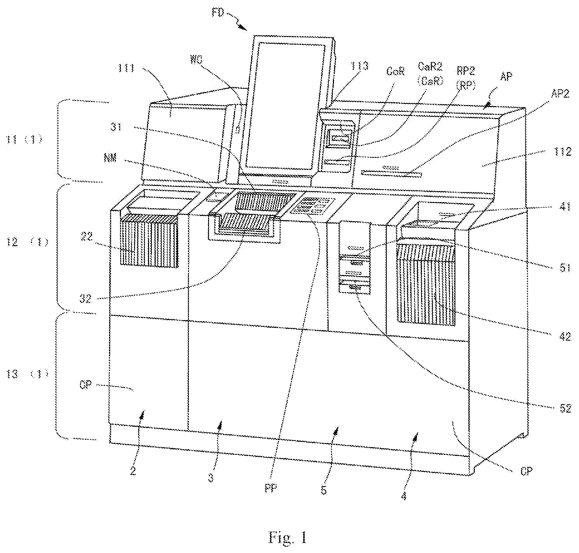 Patent US12315350 Figure 1 – Medium processing apparatus having a lockable loose coin device door and a lockable banknote device door