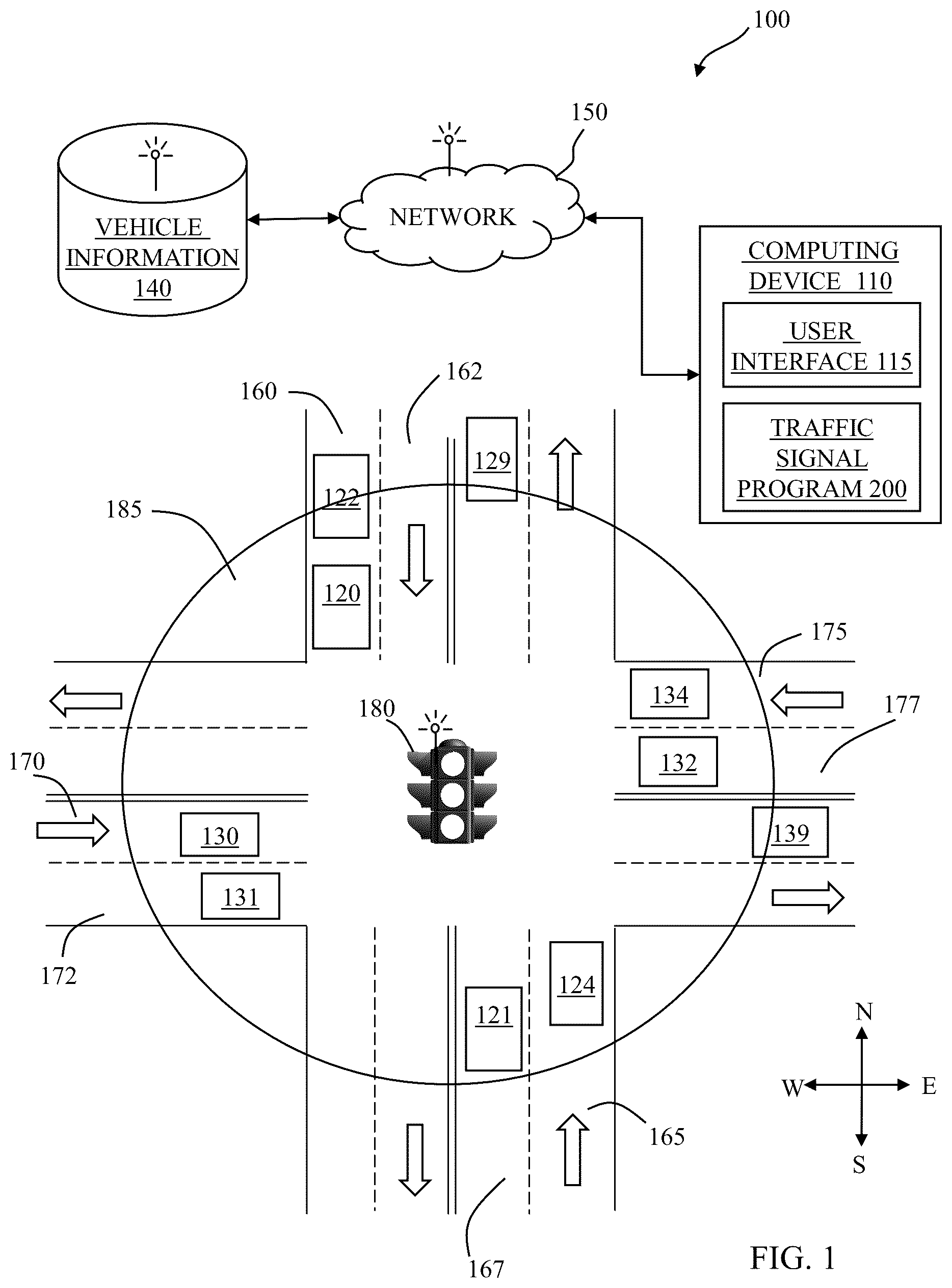 Patent US12315368 Figure 1 – Dynamic traffic signal optimization using received vehicle information