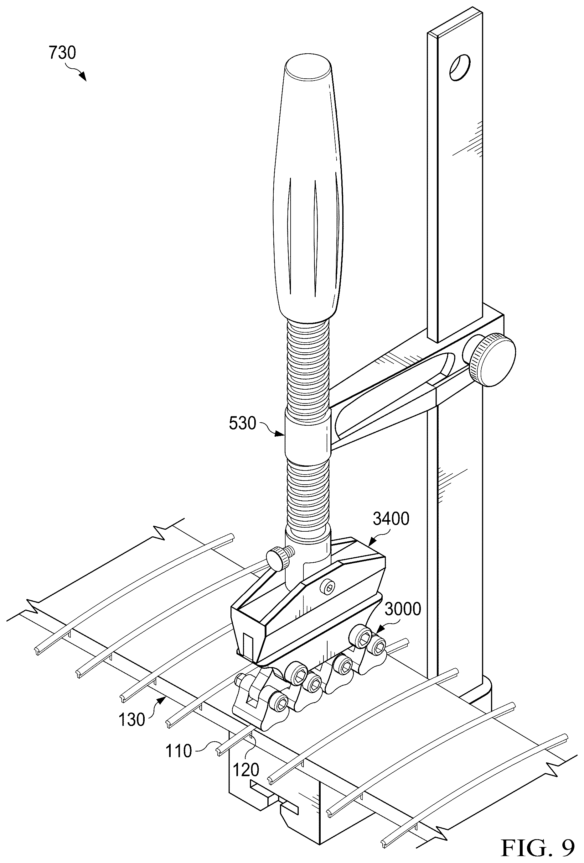 Patent US12315475 Figure 9 – Self-conforming-radius fret press for stringed instruments