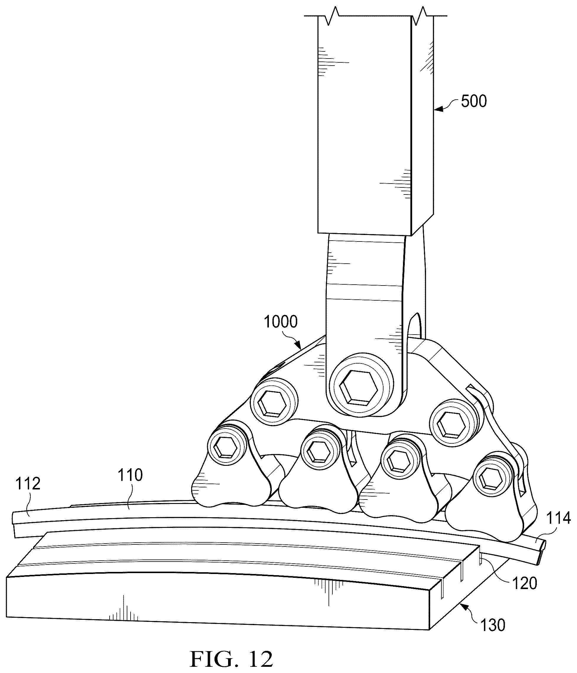 Patent US12315475 Figure 12 – Self-conforming-radius fret press for stringed instruments