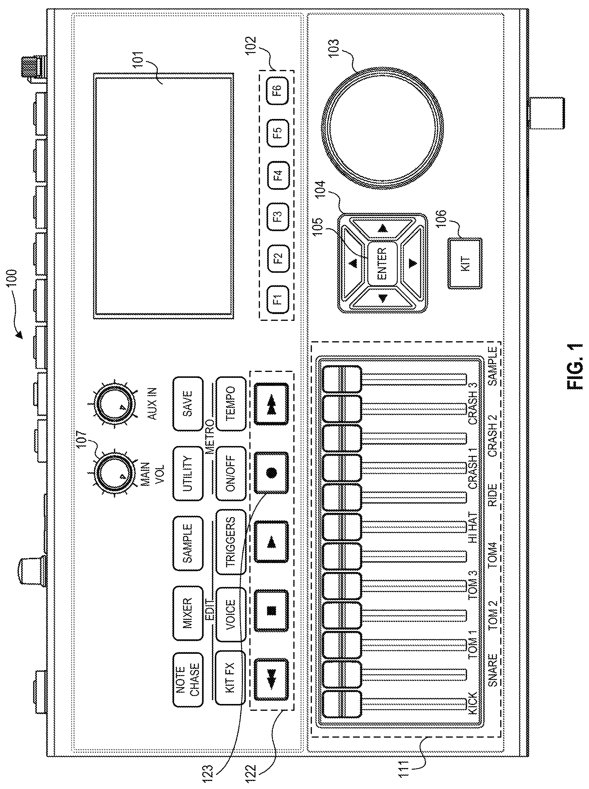Patent US12315479 Figure 1 – Systems and methods for generating a graphical representation of a strike velocity of an electronic drum pad