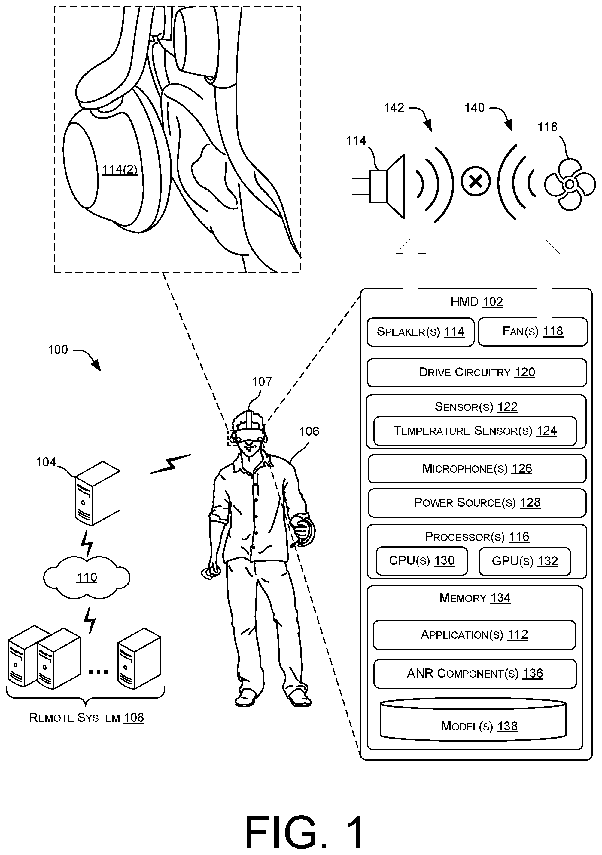 Patent US12315484 Figure 1 – Active reduction of fan noise in a head-mounted display