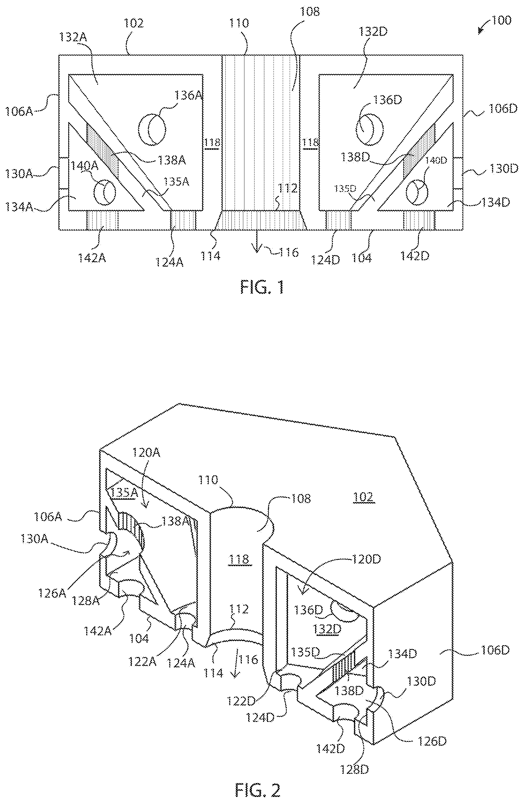Patent US12315485 Figure 1 – Metamaterial design with perforated nozzles for acoustic noise reduction
