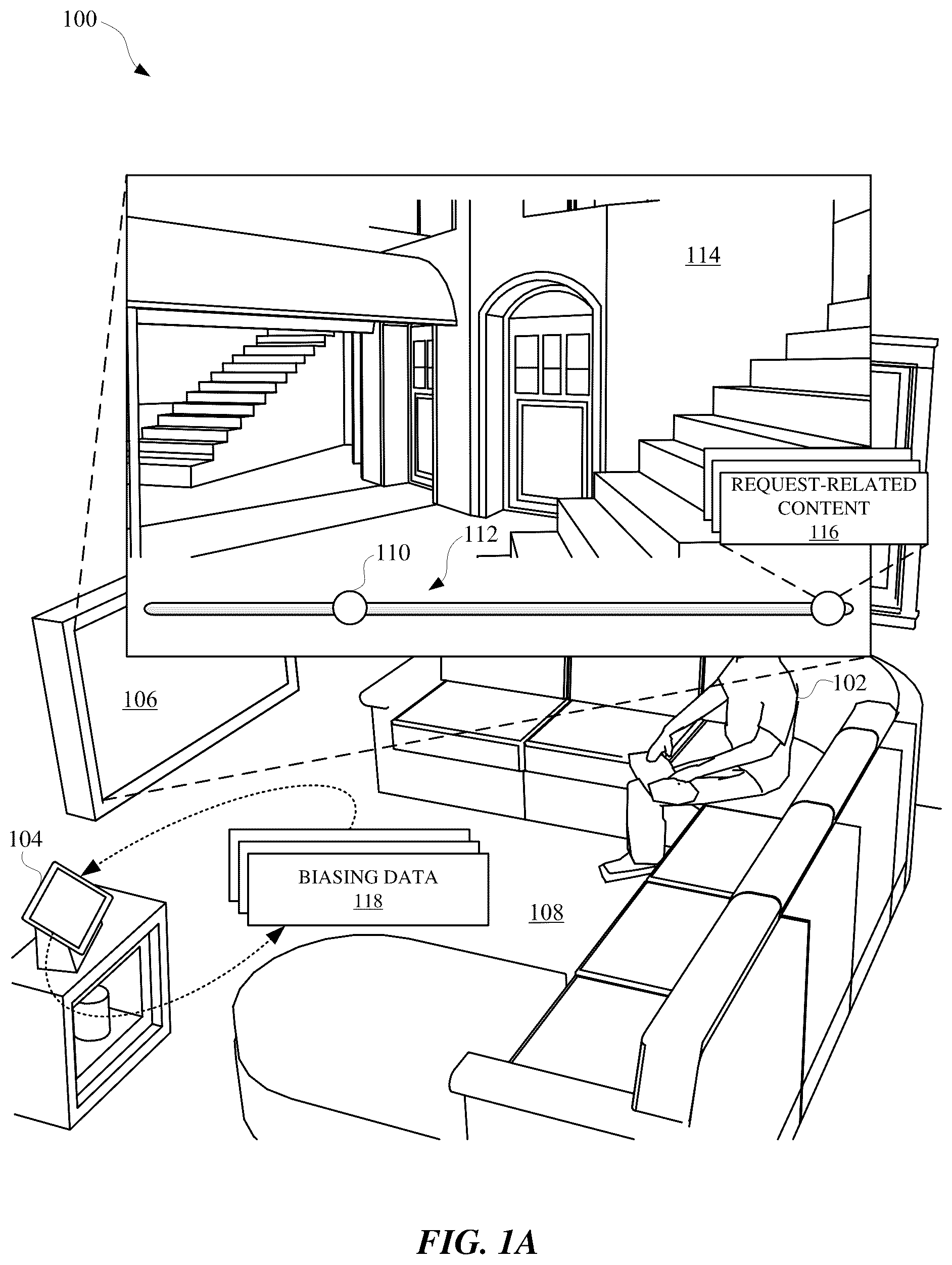 Patent US12315506 Figure 1 – Biasing speech processing based on audibly rendered content, including dynamically adapting over duration of rendering