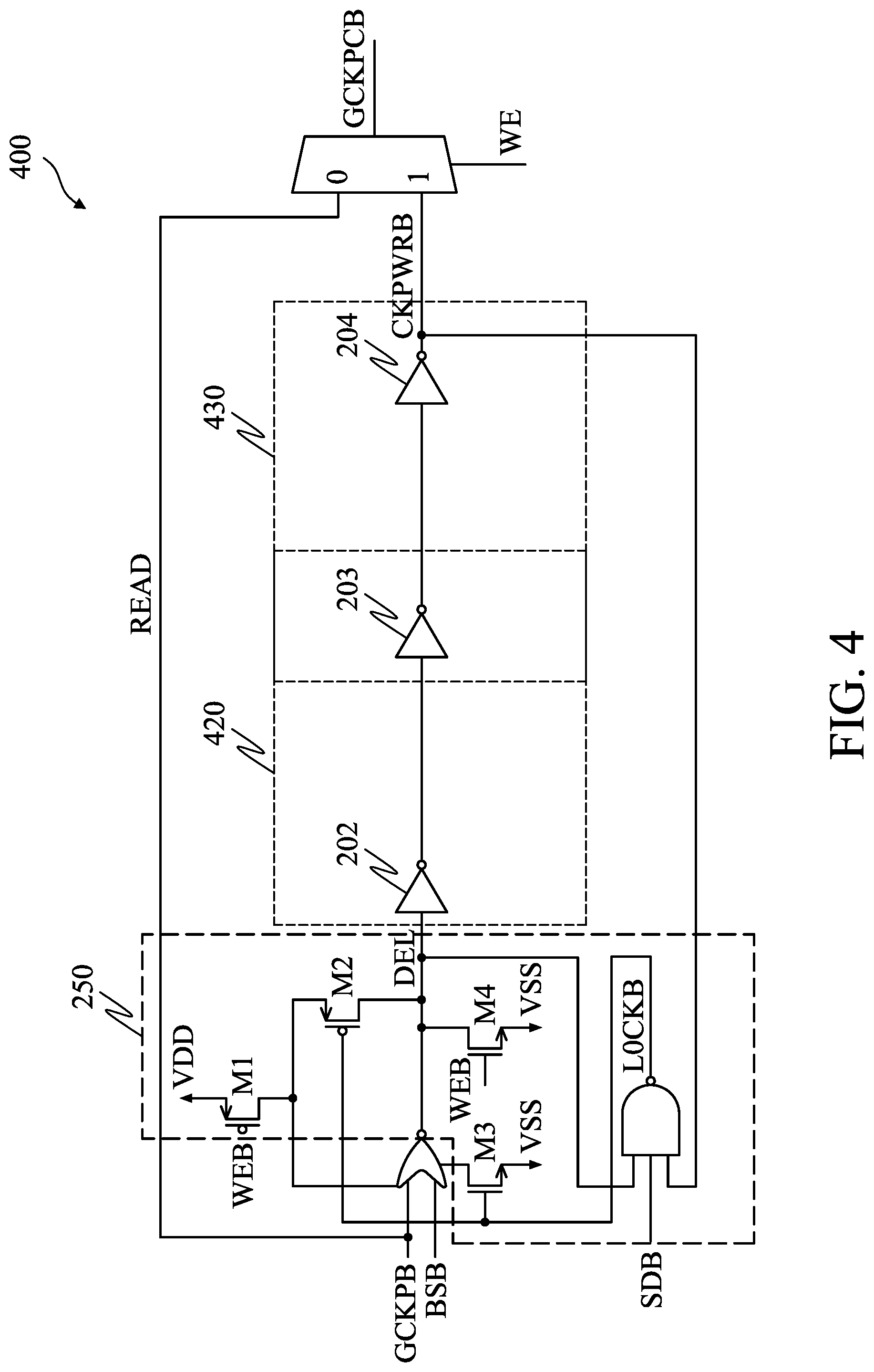Patent US12315552 Figure 4 – Word line delay interlock circuit for write operation