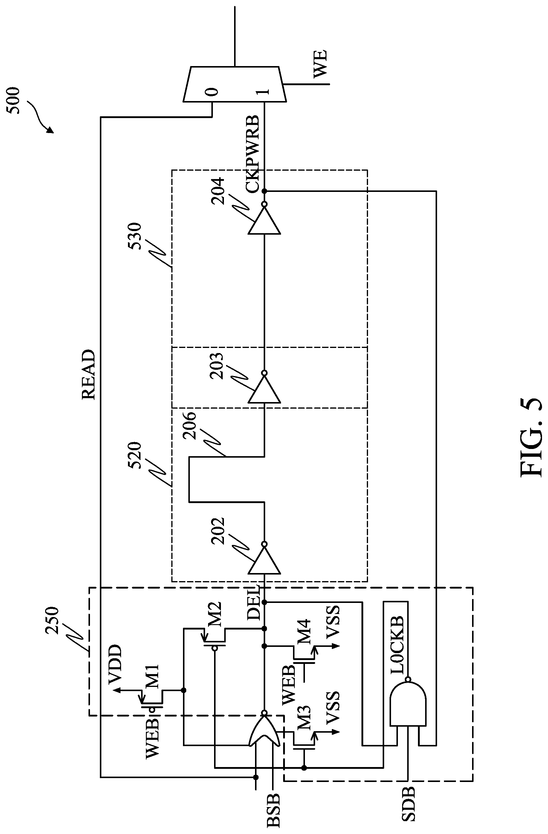 Patent US12315552 Figure 5 – Word line delay interlock circuit for write operation
