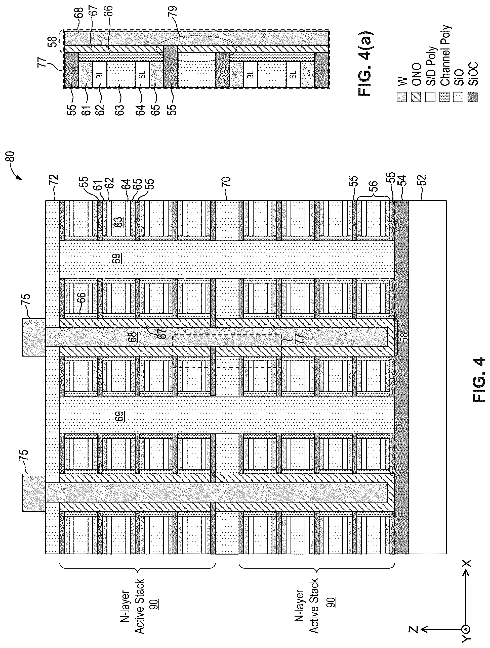 Patent US12315565 Figure 4 – Three-dimensional memory structure fabricated using repeated active stack sections